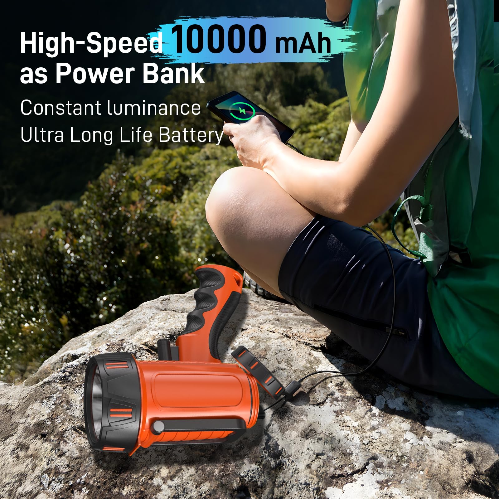 CHRMJERN Rechargeable Spotlight, 1000,000 LM LED, 10000mAh, Waterproof, Orange, Model FL1, with Tripod