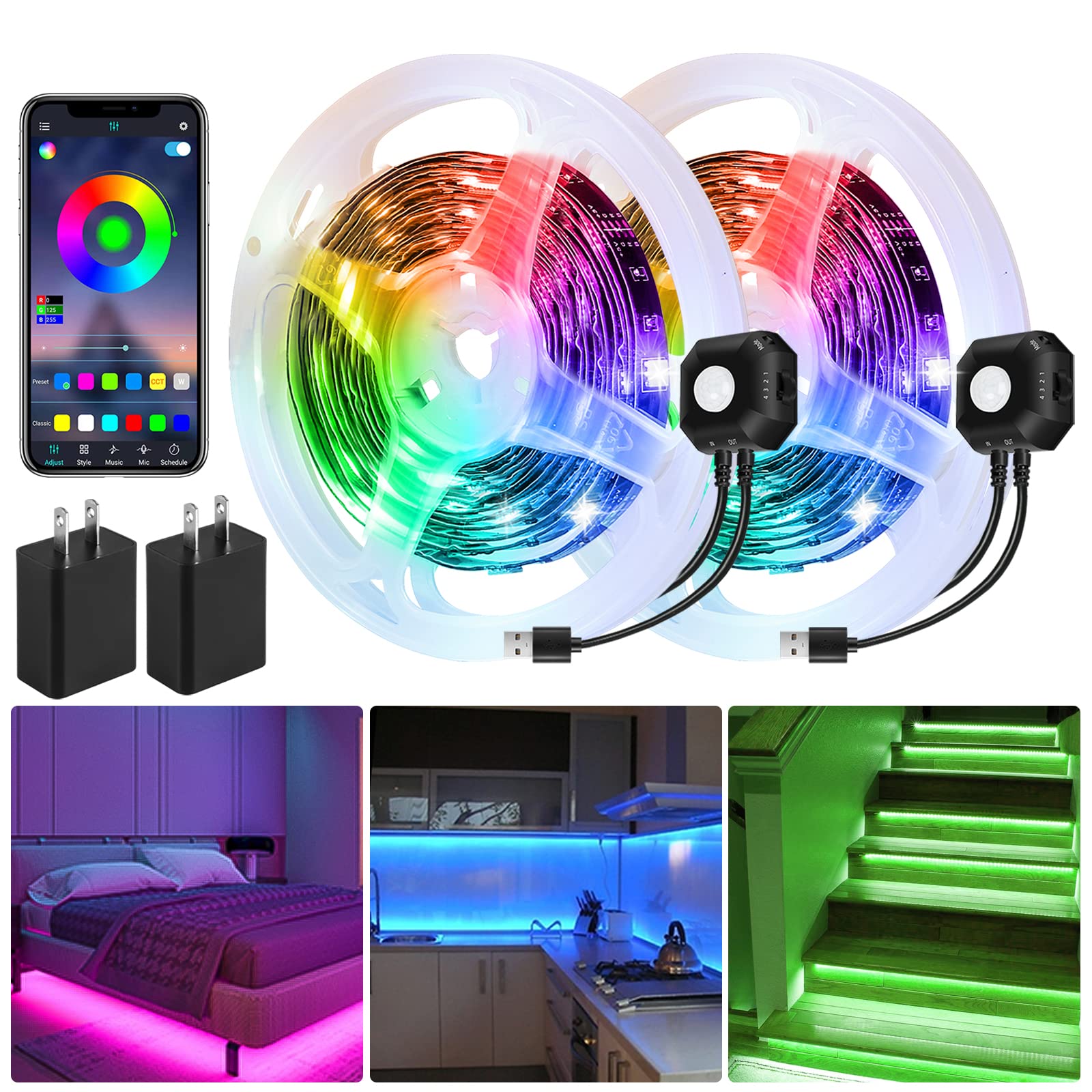 HUEMIHUI Motion Sensor LED Light Strips, 2x9.8ft, RGB, Dimmable, USB, Black, Model 9f9c8e81-30d