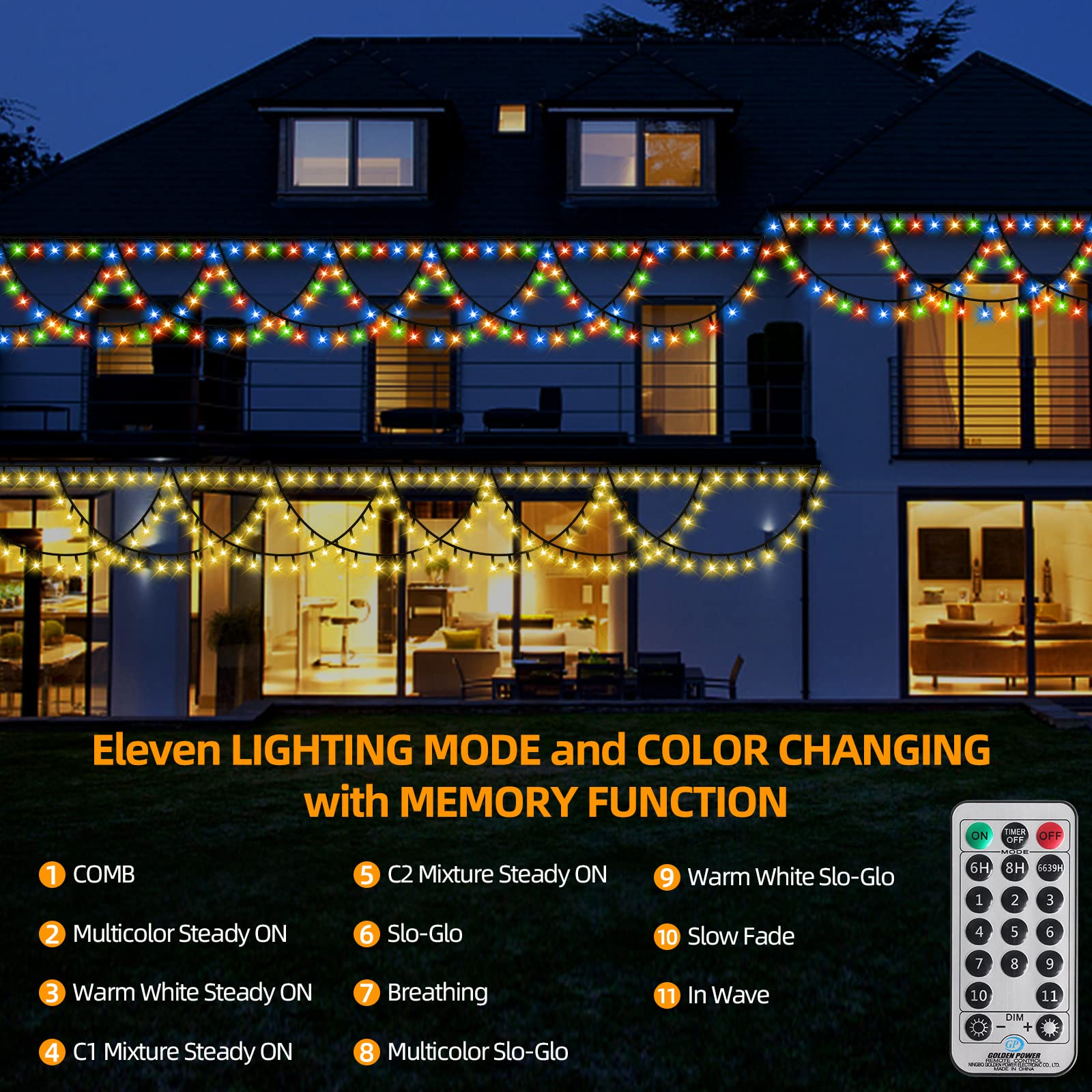 XTF2015 Outdoor Christmas Lights 40FT 380 LED Color Changing String Lights Warm White + Multicolor Model QL300IE
