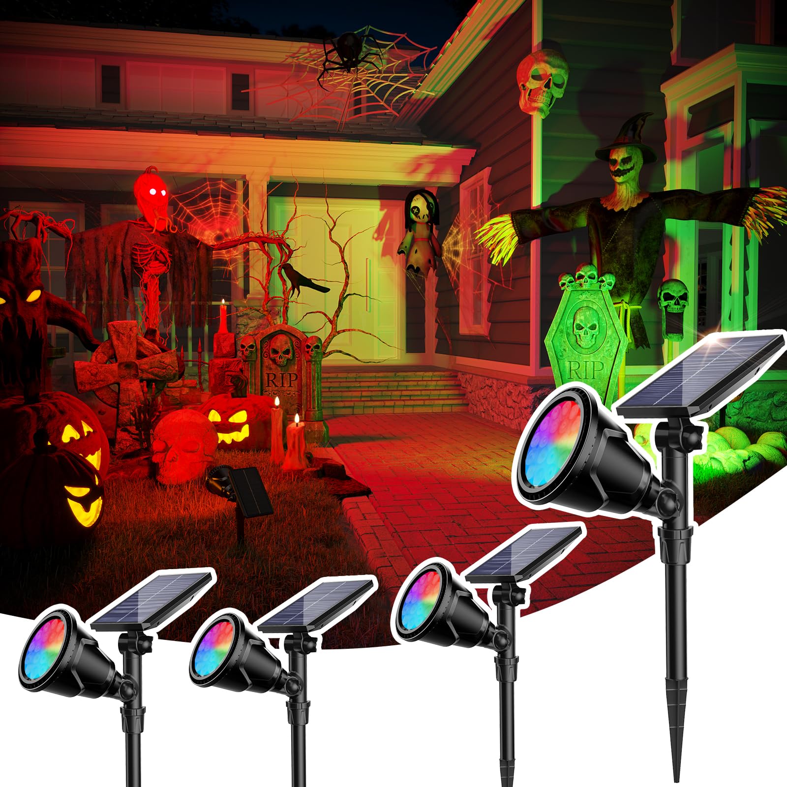 ROSHWEY Solar Garden Lights - 9 Lighting Modes, Waterproof, Multicolor - 4 Pack, Model DS-18, Outdoor Spotlights for Yard and Patio