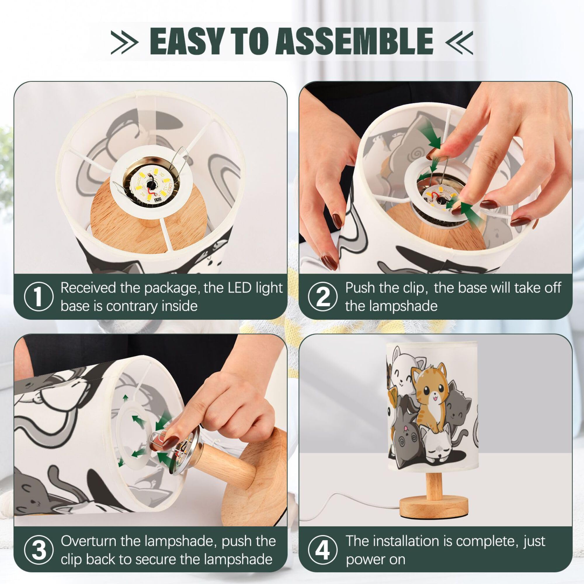 Yyzzh Table Lamp Cute Cartoon Cat Kitten Kitty Nightstand Lamp With Wood Base Fabric Lamp Shade Bedside Desk Lamp For Living Roo