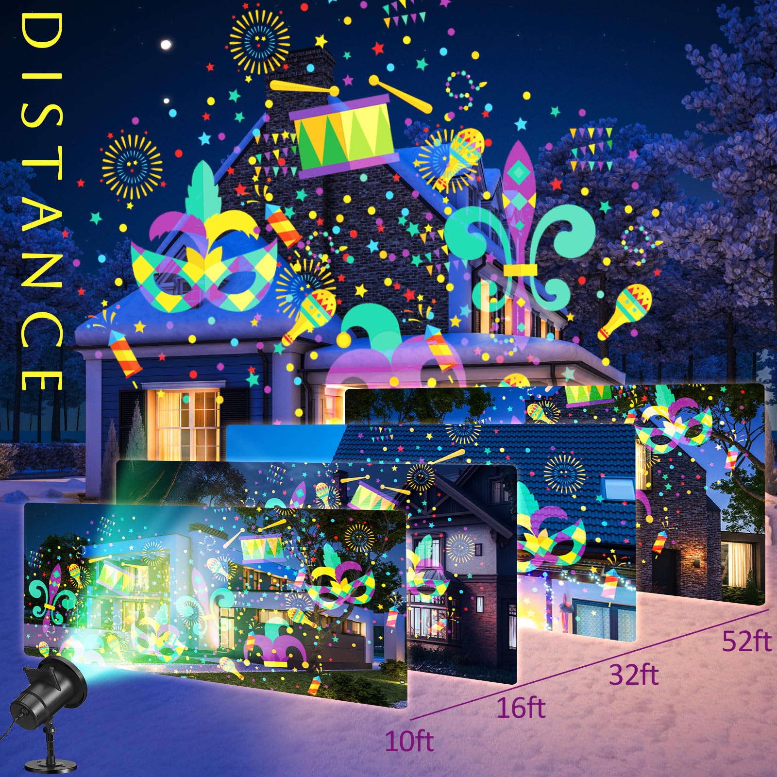 Lingvee Holiday Projector Light - Waterproof LED Outdoor Lamp with 1 Film, Black Body, 4 Style Slides for Parties (Mardi Gras)