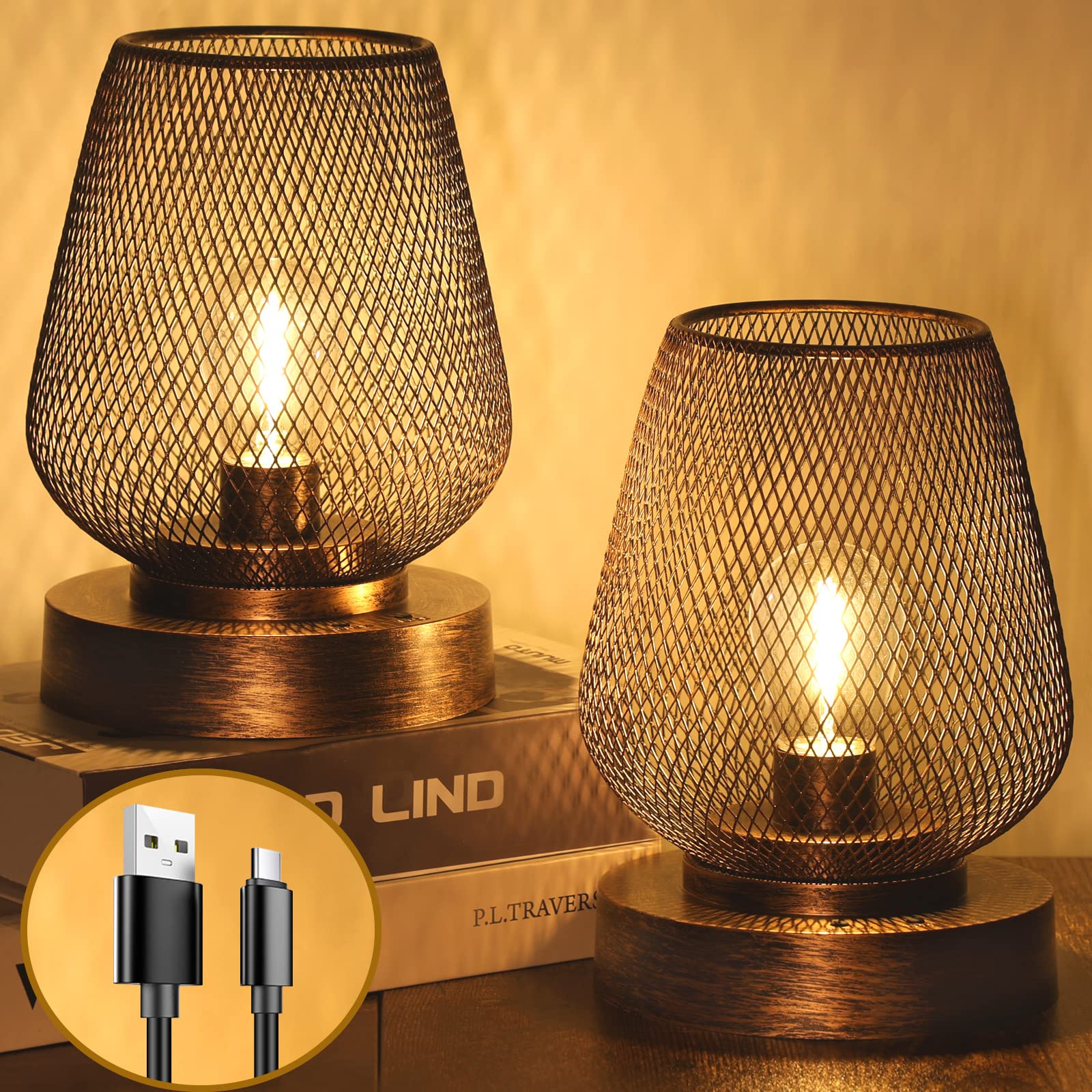 UBright Battery Operated Outdoor Table Lamp, Metal Cage, 4 Lighting Modes, 2 Pack, A-Bronze