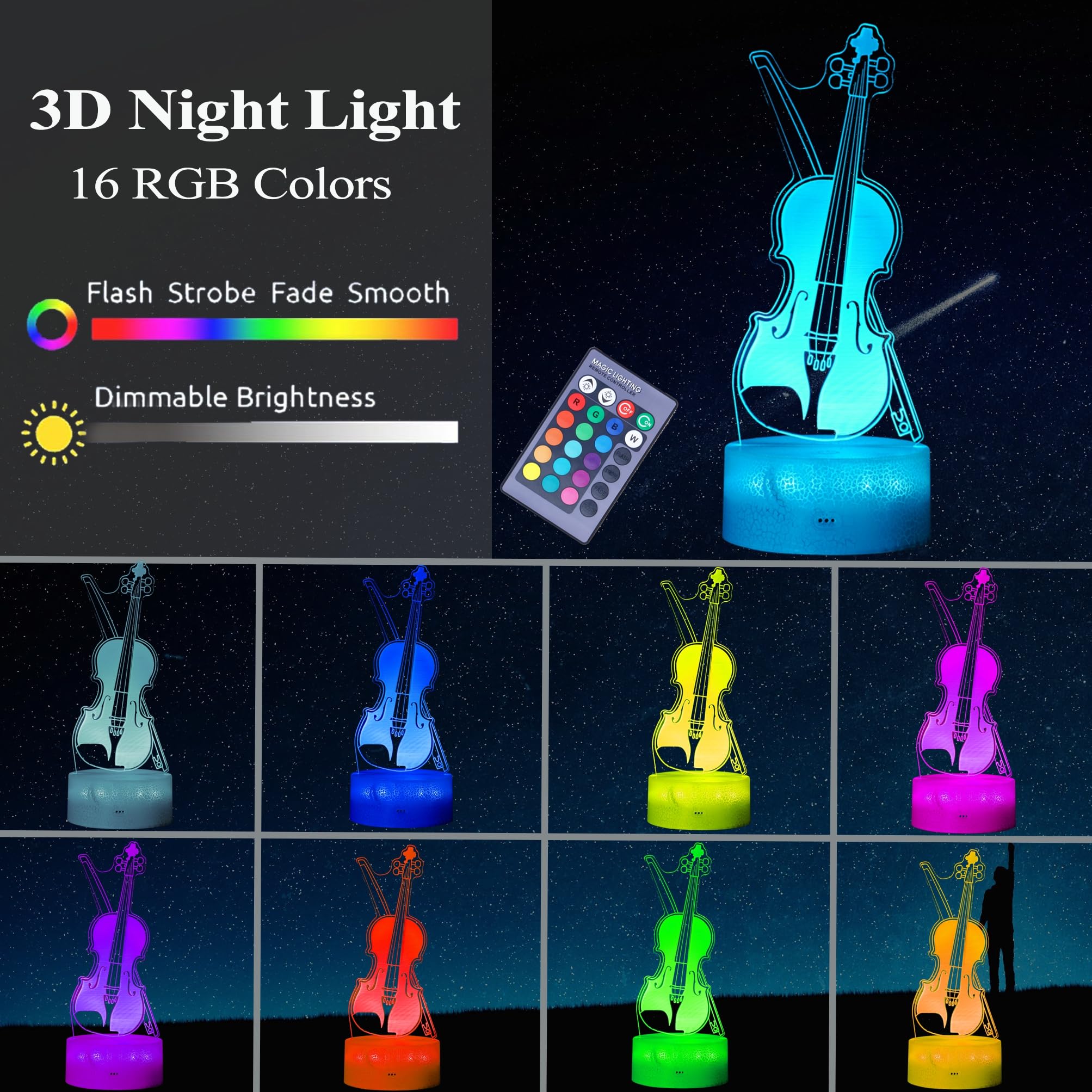 Posshe Violin Night Light, Violin Gifts, Cello 3D Illusion Lamp With 16 Colors Changing, Remote Control And Dimmable, Kids Boys