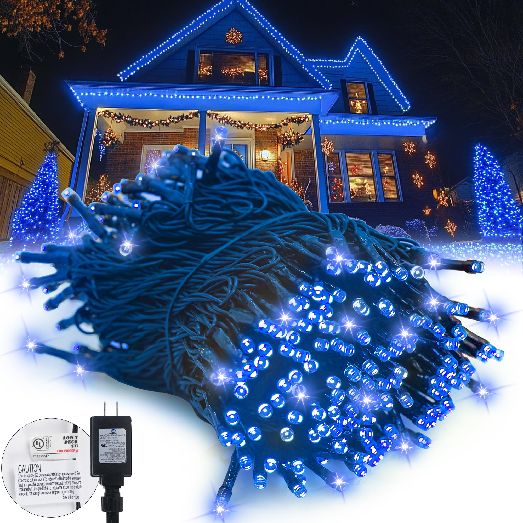 Kwaiffeo Blue Christmas Lights, 100FT 300LED String Lights Outdoor Indoor, 8 Modes Connectable Blue Lights for Christmas Hallowe