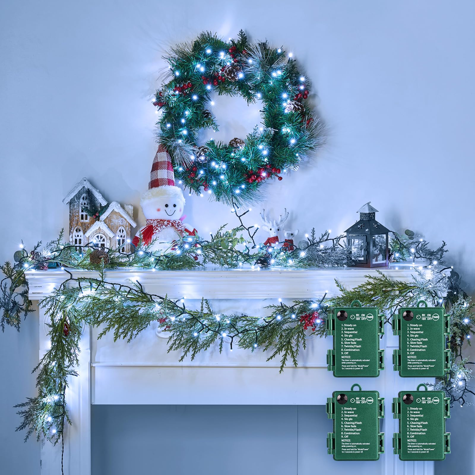 Christmas Cluster Lights Battery Operated Outdoor, 4 Pack 10Ft 120 LED Christmas Tree Lights Firecracker String Lights Waterproof Twinkle Lights for Indoor Wreath Xmas Tree Decorations, Cool White