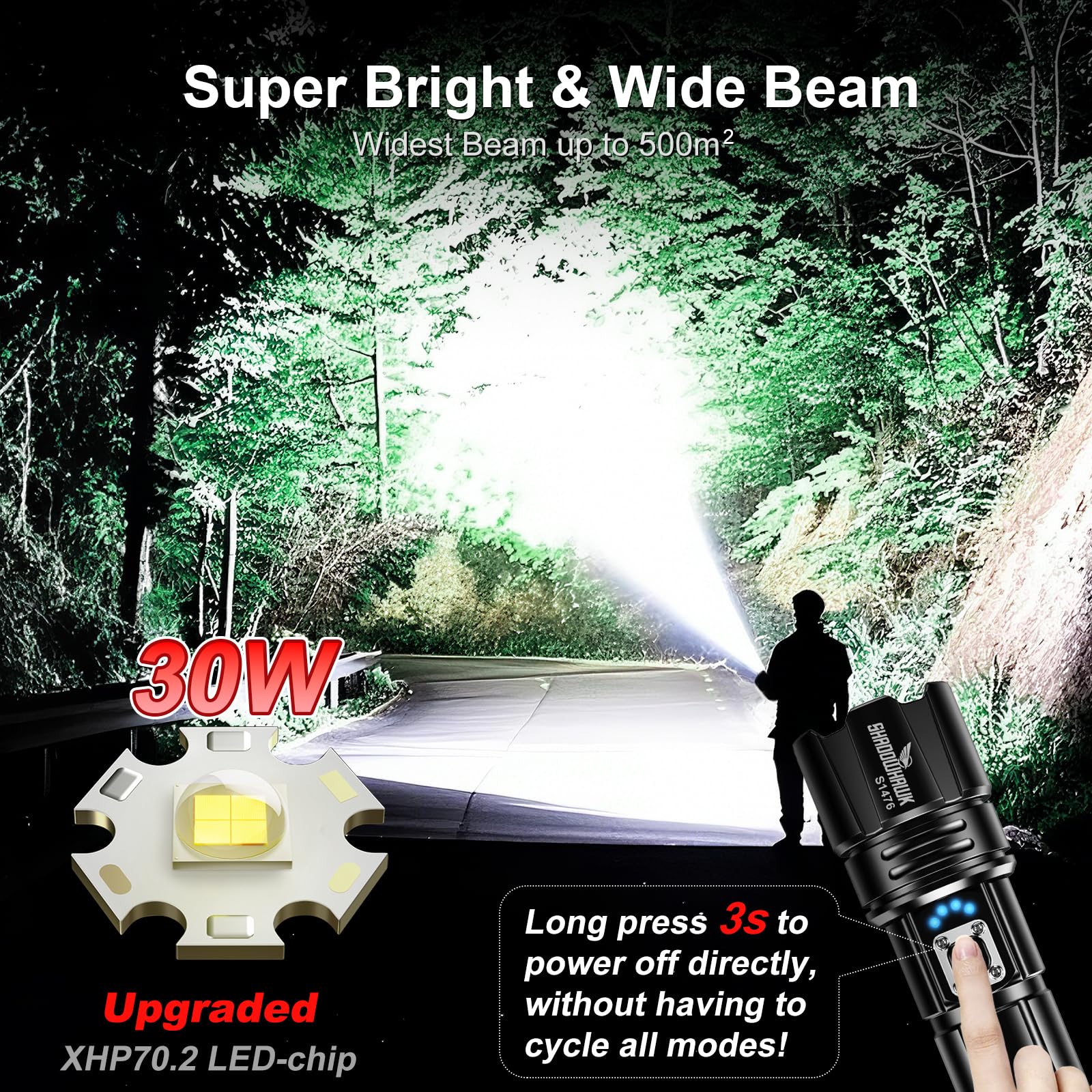 Shadowhawk Flashlight 2000 - 30W High Lumens LED, 5000ft Beam, 12H USB-C Rechargeable, Black, Model CA-S1476