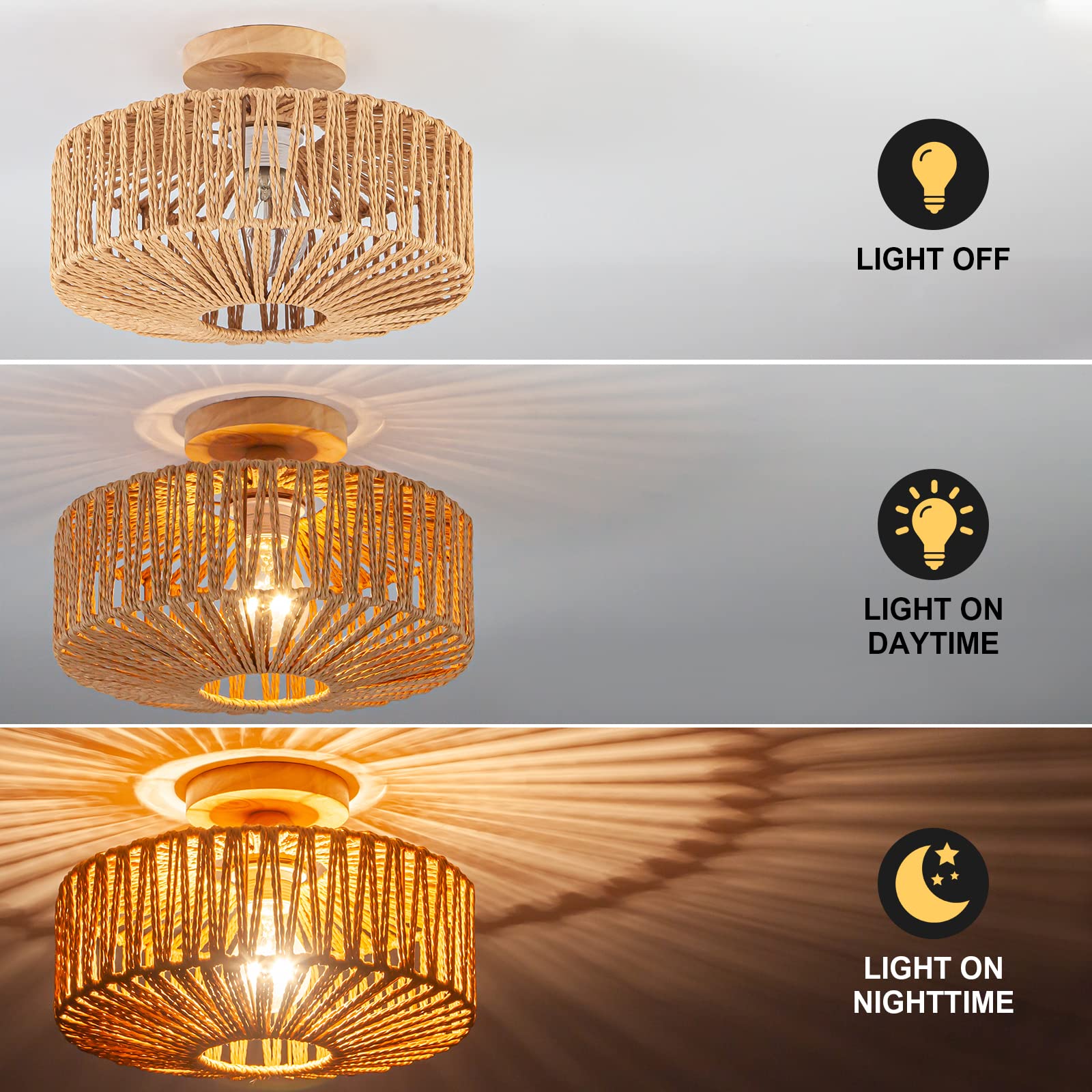 Zswanbei Boho Rattan Ceiling Light Fixture - Flush Mount Mini Chandelier, D30cm, Brown - Ideal for Bedroom, Hallway, Bathroom, Nursery