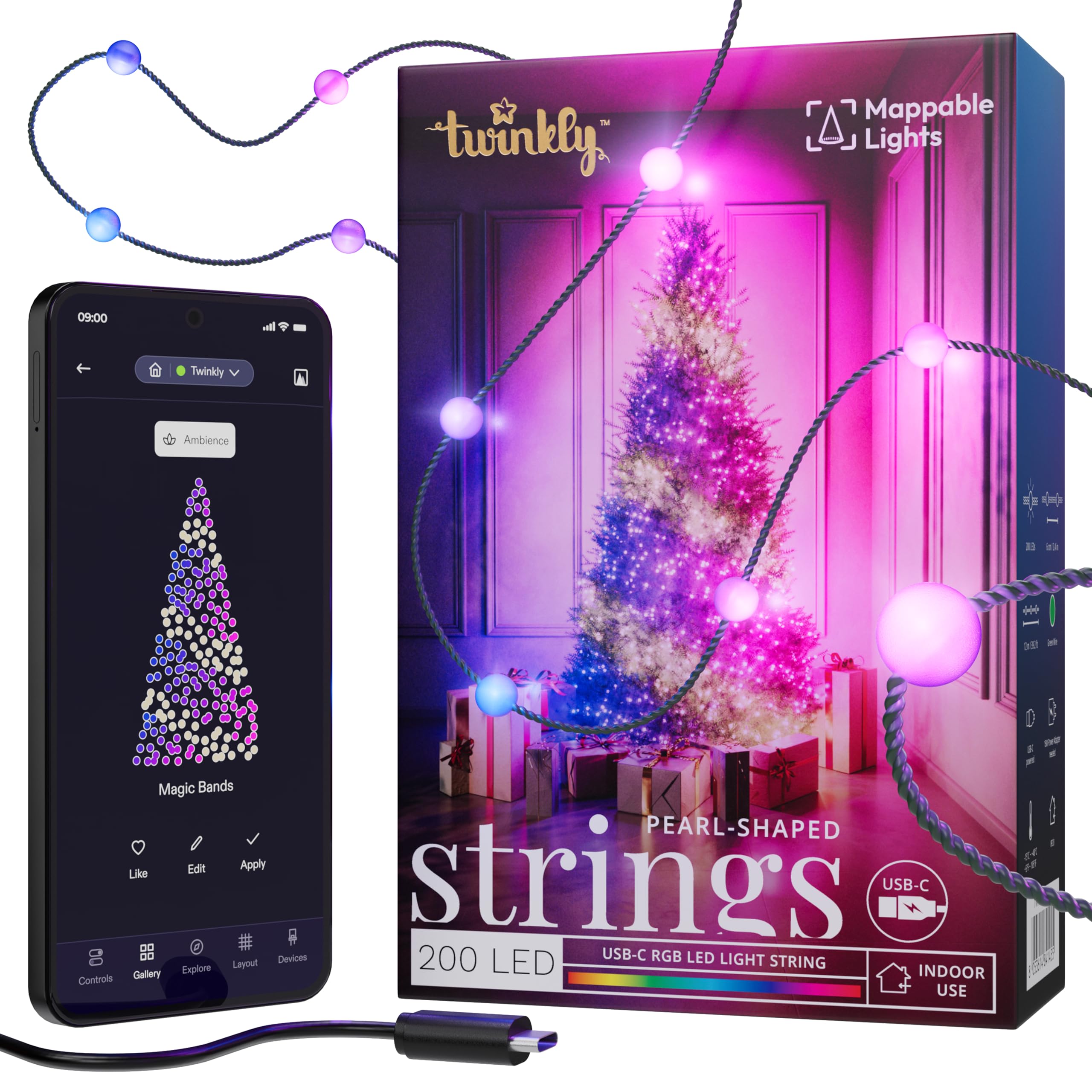 Twinkly Strings USB-C Pearls 200 LED, Pearl-Shaped LED Light String, RGB Multicolor LED Lights, Valentines Day Lights, Compatib