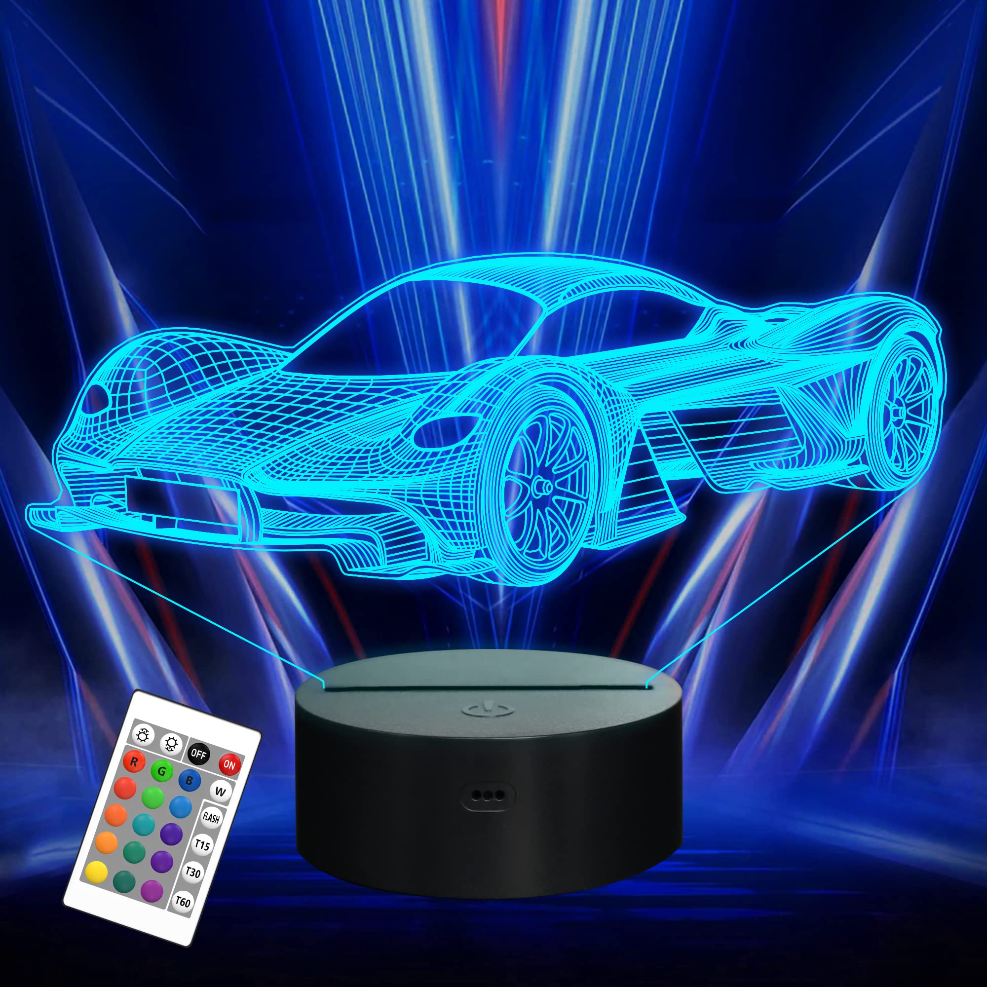 Attivolife Car 3D Night Light - Sports Racing Illusion Lamp, 16 Colors, Remote Control, Acrylic, Model FS-4002, Kids Bedroom Decor