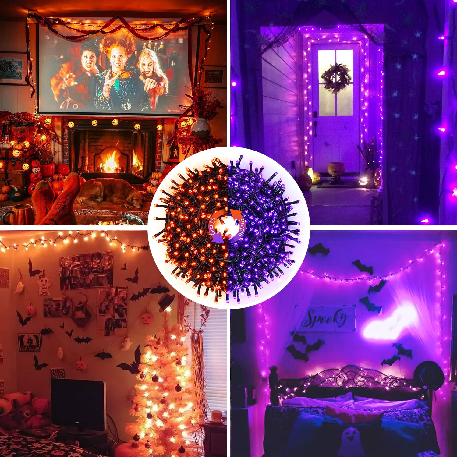 JMEXSUSS 200 LED Orange and Purple Halloween Lights Plug in, 66ft Connectable Color Changing Halloween String Lights with Remote