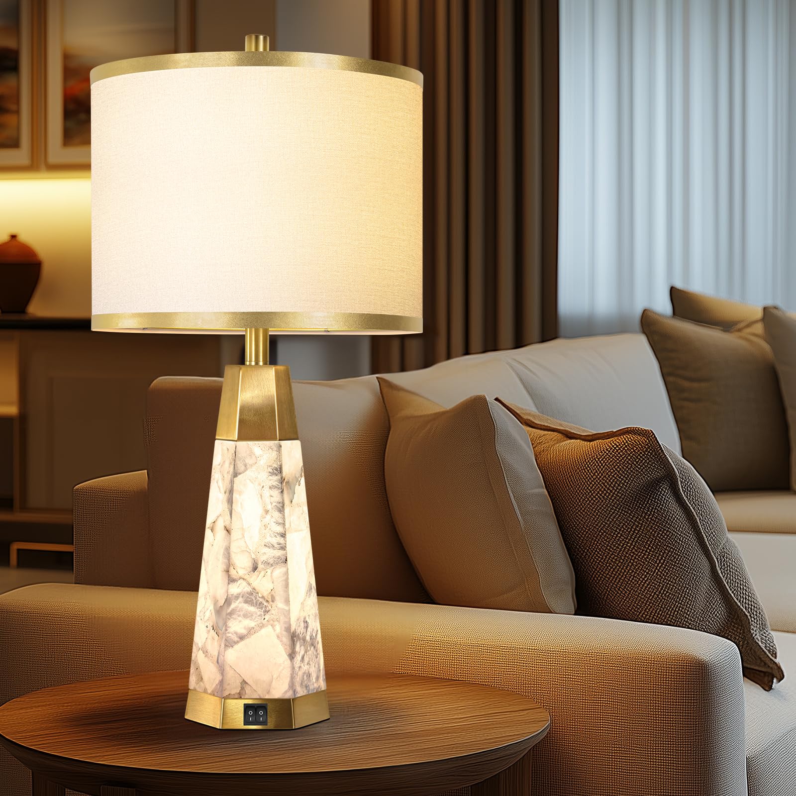 KIVDITZO Alabaster Table Lamps Set of 2 with USB Ports, Night Light, White Linen Shade, Golden Colored-3, Model LPZL014