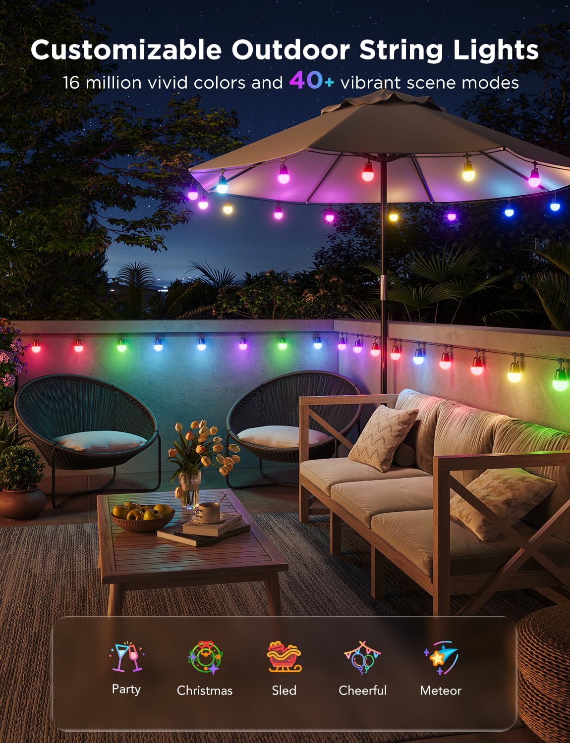 Govee Smart Outdoor String Lights, 144ft, Dimmable Warm White LED, IP65 Waterproof, 47 Scene Modes, Model H7039, RGBICW