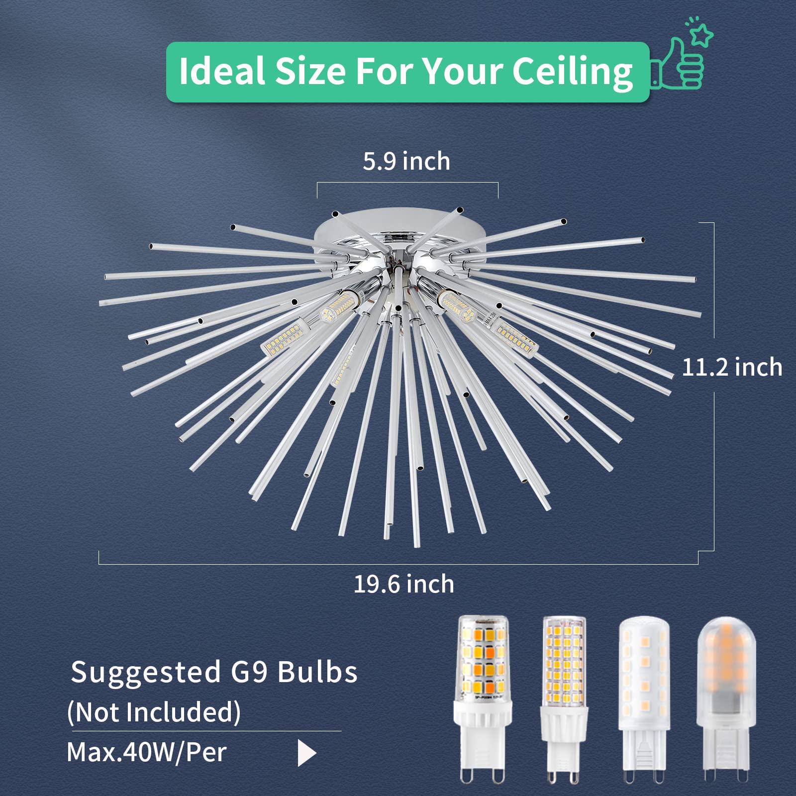 Sputnik Flush Mount Ceiling Light Fixture, 6-Light Chrome Firework Ceiling Lights, 19.6'' Modern Chandeliers Close To Ceiling La