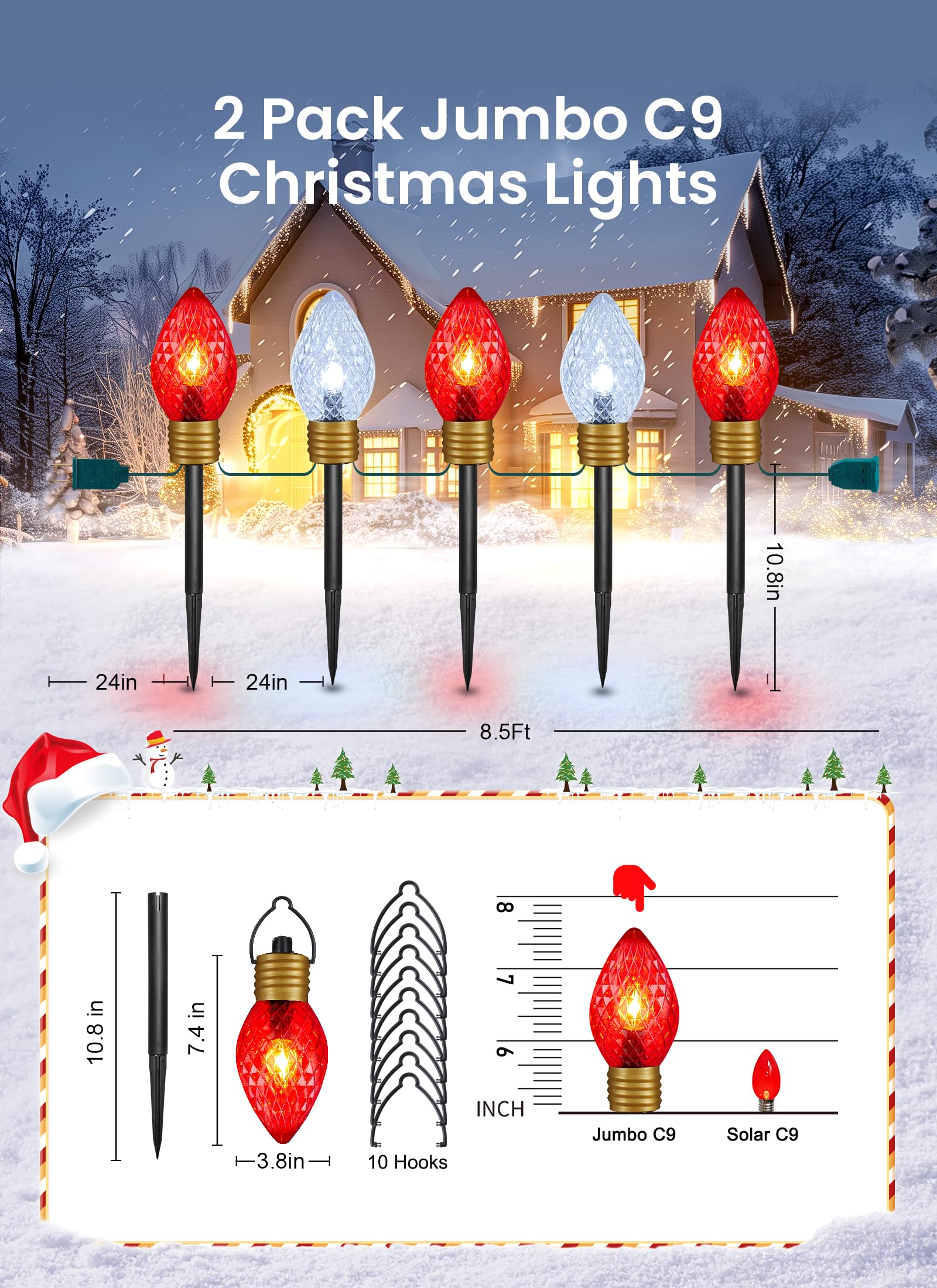 Minetom Jumbo C9 Christmas Pathway Lights - 2 Pack, 10.5ft, Multicolor C7 Bulbs, Red & Cool White Decorations for Outdoor Lawn