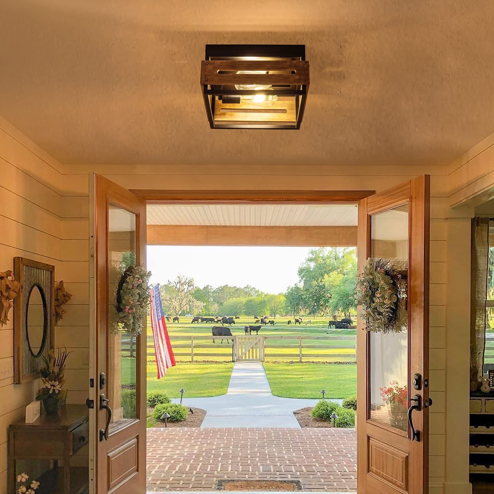 Mayful Flush Mount Ceiling Light, Rustic Ceiling Light Fixture With Black Metal And Wood Design, 2-Light Farmhouse Light Fixture