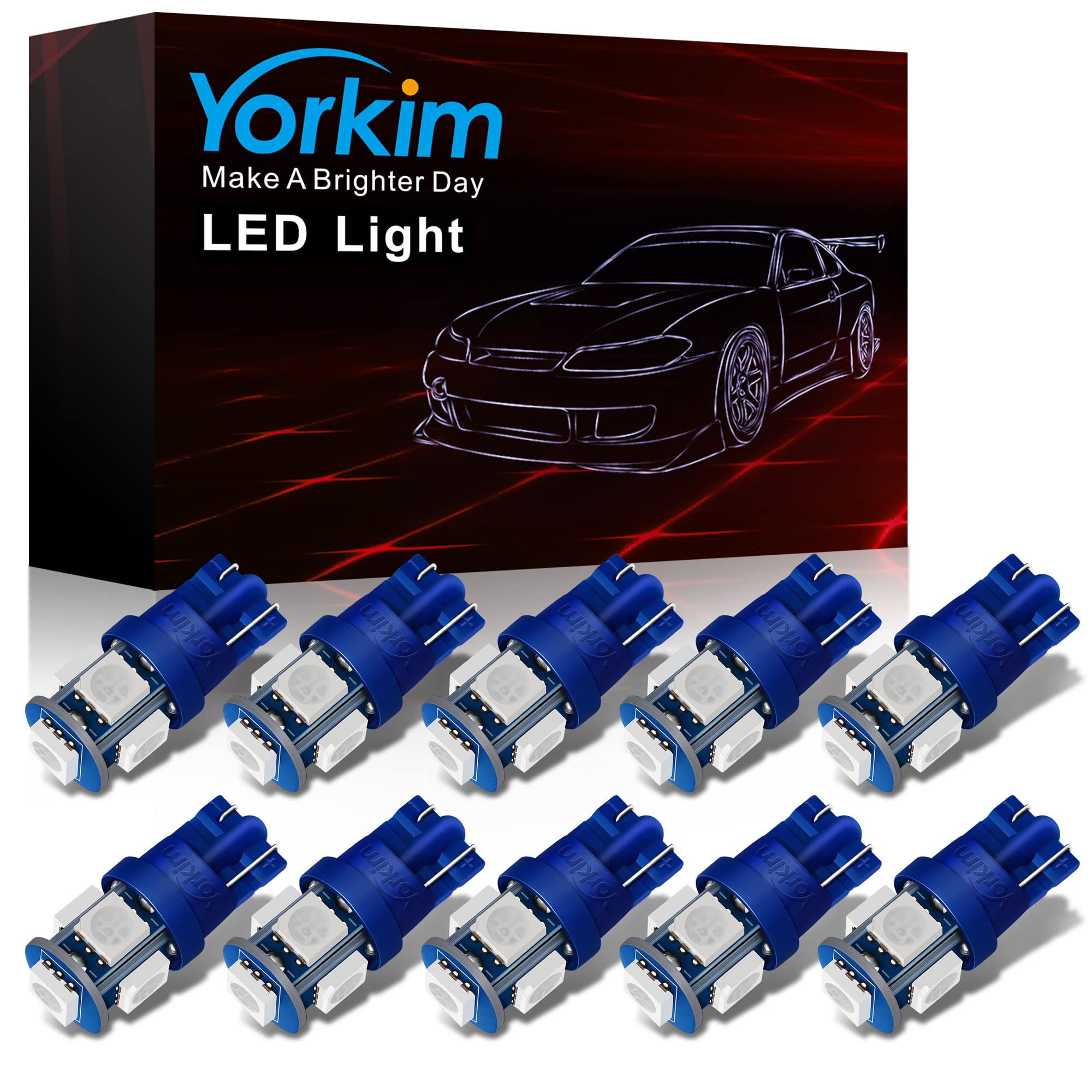 Yorkim 194 LED Bulbs Blue Super Bright New 5th Generation, T10 LED Bulbs, 168 LED Bulb for Car Interior Door Courtesy Dome Map License Plate Lights W5W 2825, Pack of 10