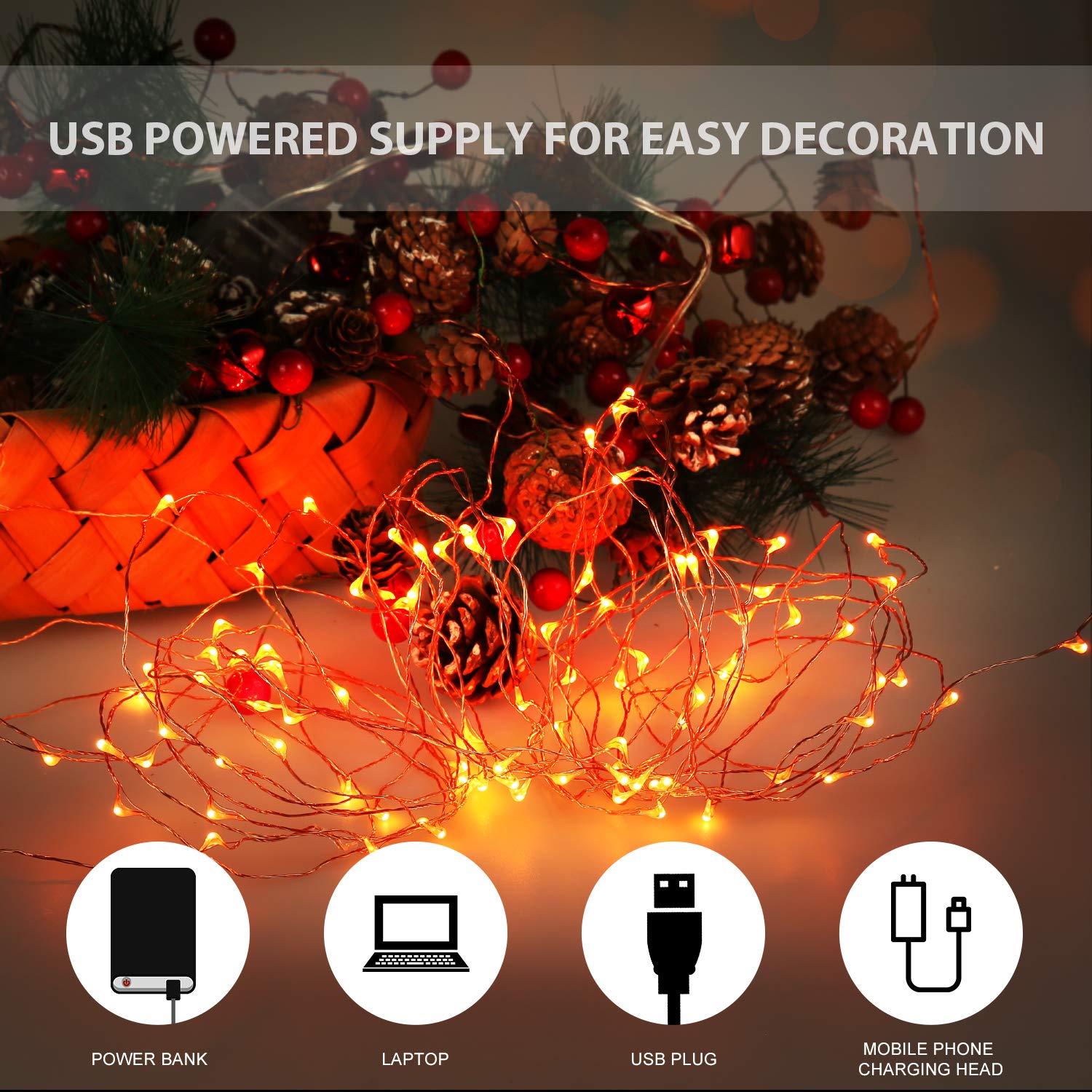Ariceleo USB LED Fairy String Lights, 32ft Copper Wire, Orange, 1 Pack for Indoor & Outdoor Decoration, Model MRSUSB