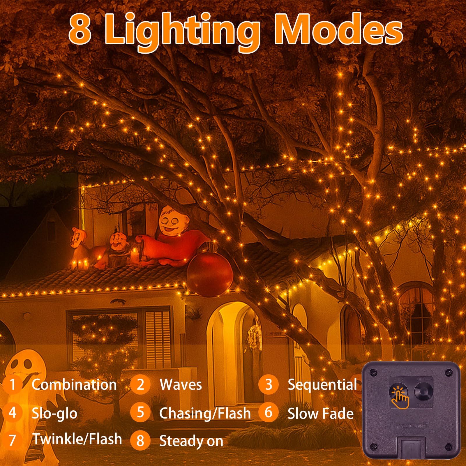 SANJICHA Solar String Lights, 400LED, Waterproof, 8 Modes, Extra-Long 144FT, 2 Pack, Copper Wire, Orange