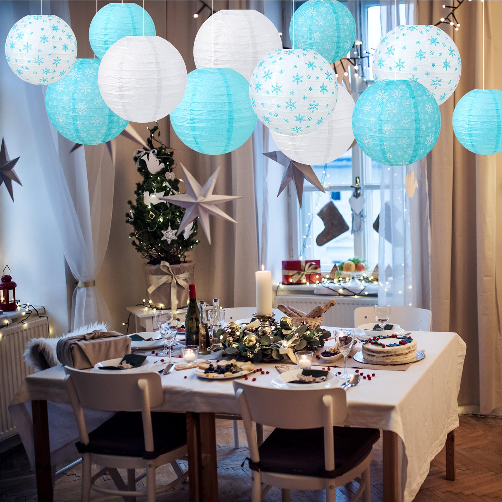 Panelee Snowflake Paper Lanterns - 12 Pcs Hanging Decorations for Parties - 8 Inch - Indoor/Outdoor Holiday Supplies