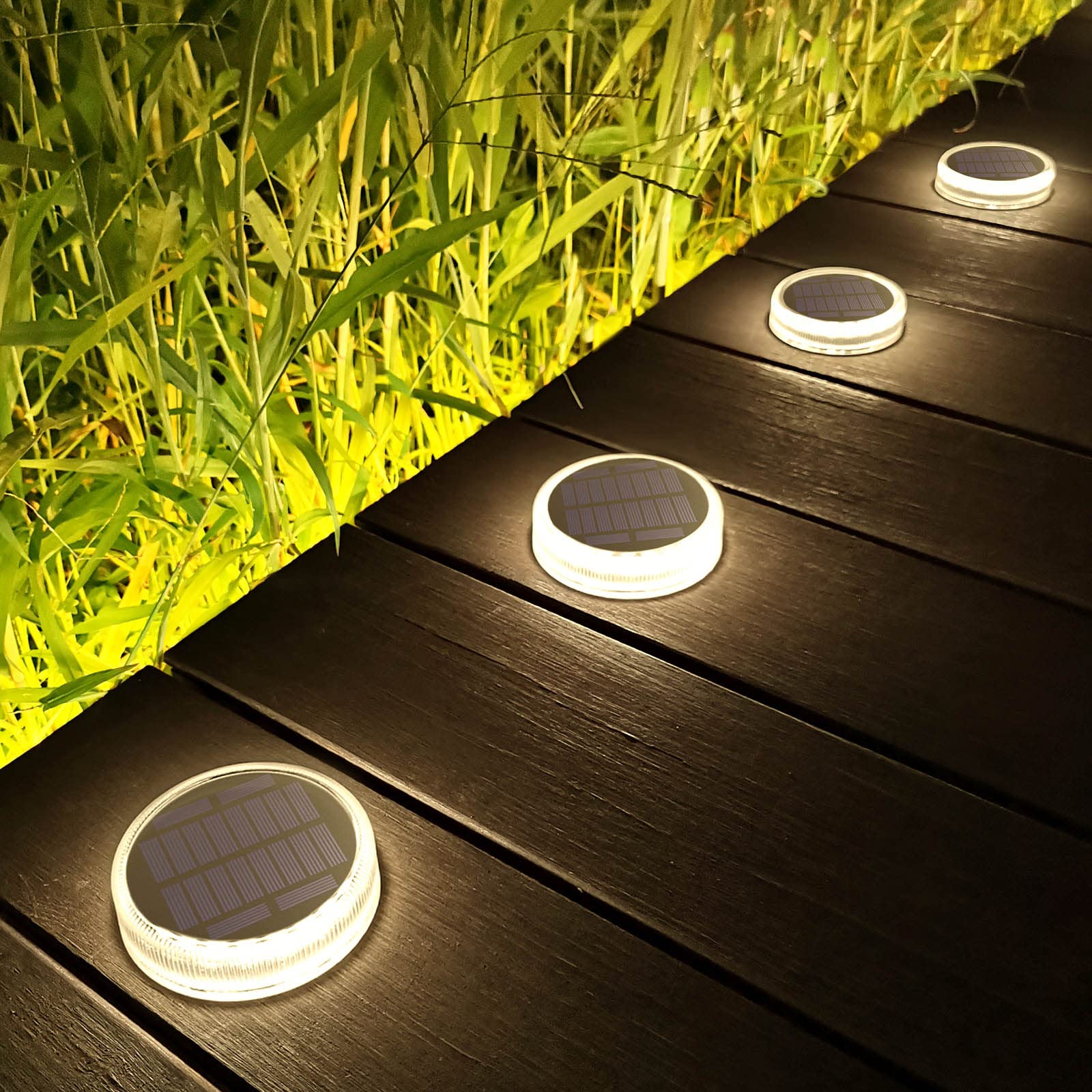 Lacasa Solar Deck Lights - 4 Pack, IP68 Waterproof, 30LM LED Step Lights, Round, Natural White 4000K, Auto ON/OFF