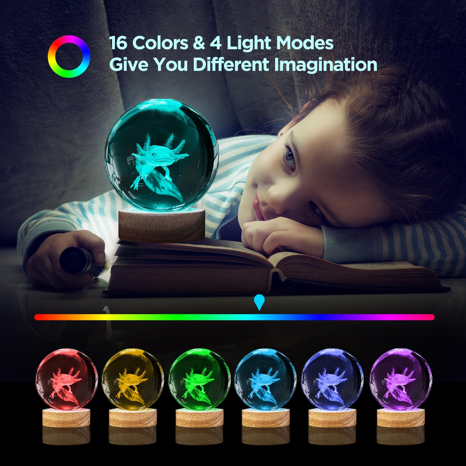 3D Axolotl Crystal Ball Night Light With Led Wooden Base Upgraded 3.15 Inch Glass Ball Lamps With 16 Color And Remote For Birthday Christmas  Cool Axolotl Toy Decor Gifts For Boys Girls Kids