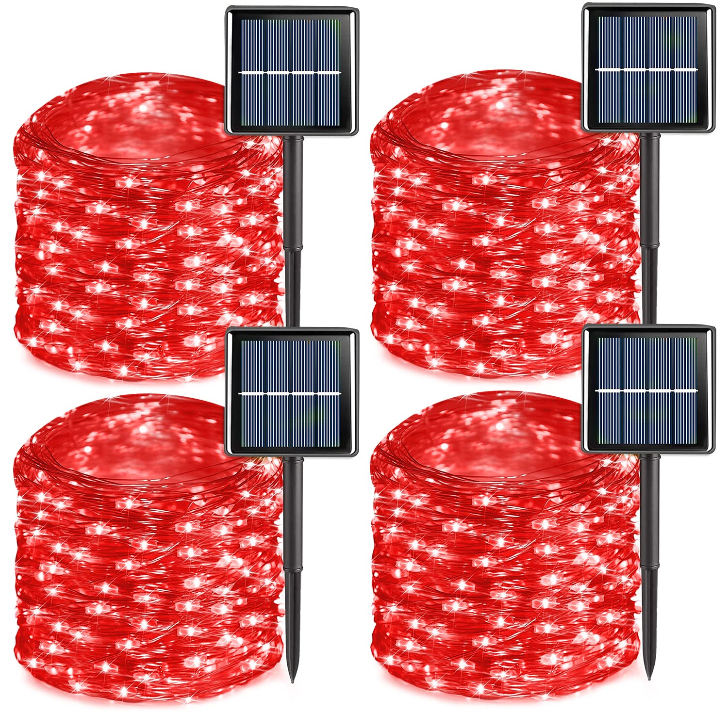 Yeguo Red Halloween Lights Outdoor Waterproof, 4 Pack Each 33Ft 100 Led Solar Fairy Lights, 8 Modes String Light For Outside