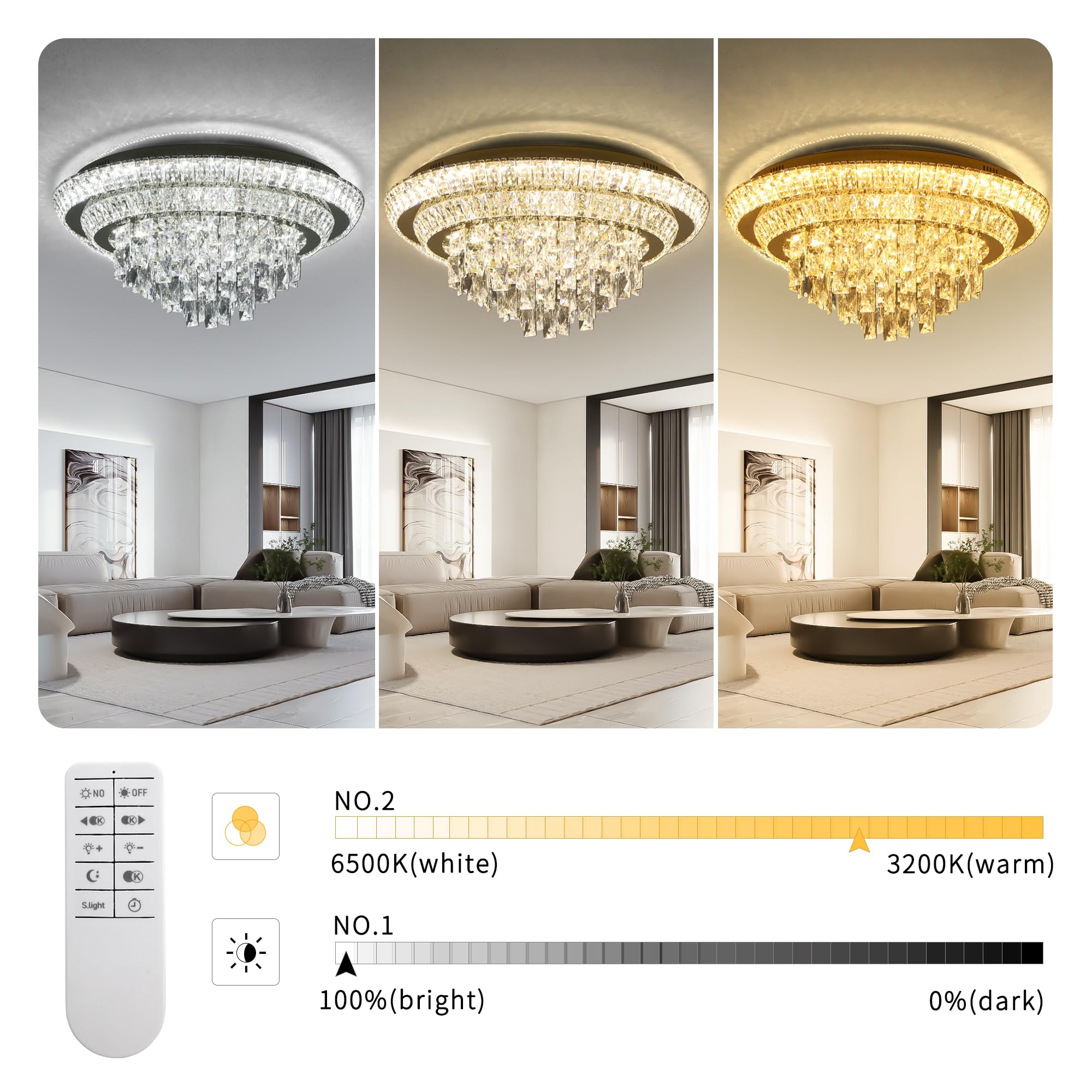 Redstar 24'' Crystal Gold Ceiling-Light Flush Mount With Remote Control, 3 Colors Temp & Brightness Adjustable, Modern Crystal R