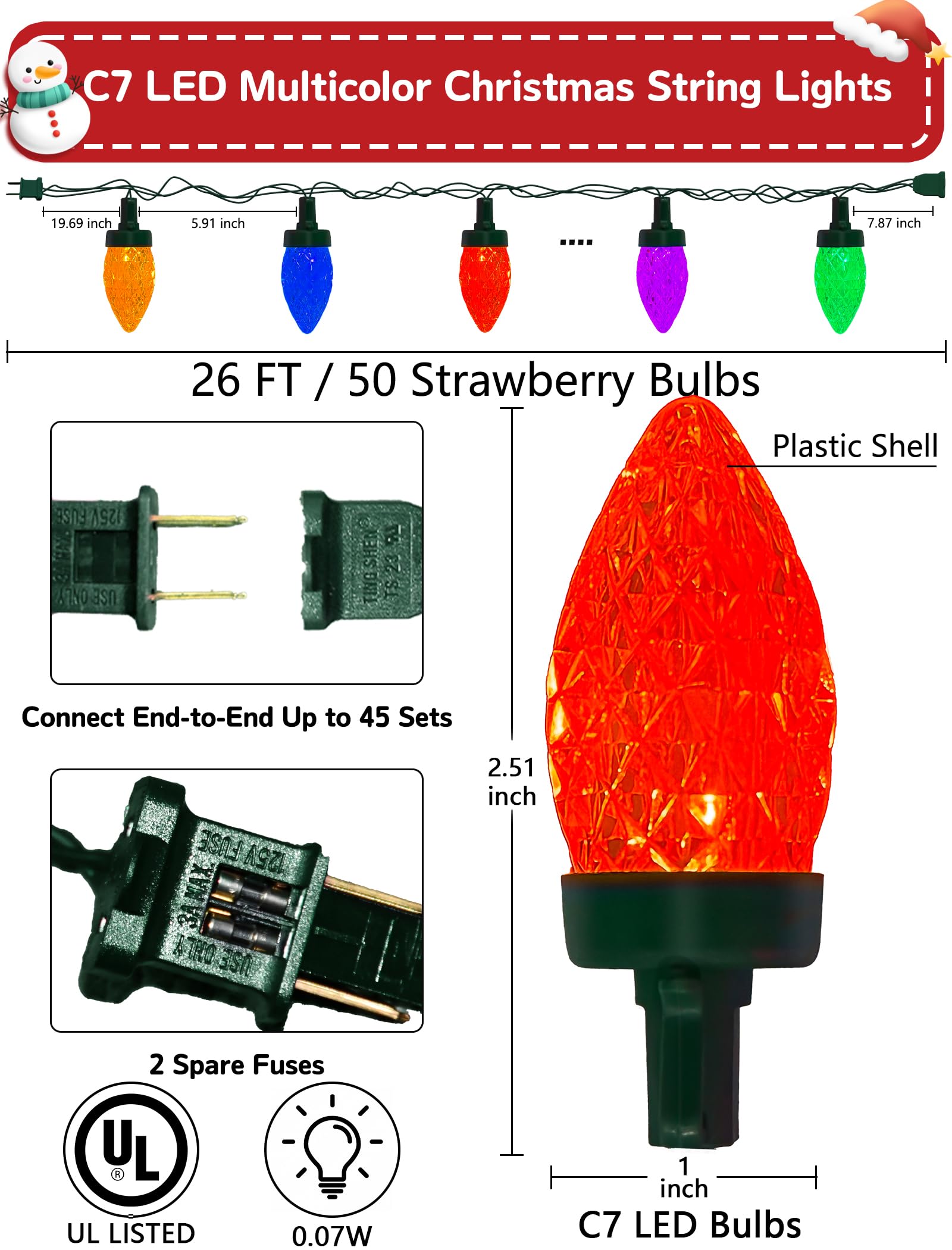 Romasaty C7 Led Christmas Lights Outdoor  26Ft C7 Vintage Christmas Lights With 52 Multicolor Strawberry Led Bulbs  Plug In Outdoor String Lights For Party Garden Xmas Tree Patio Decorations