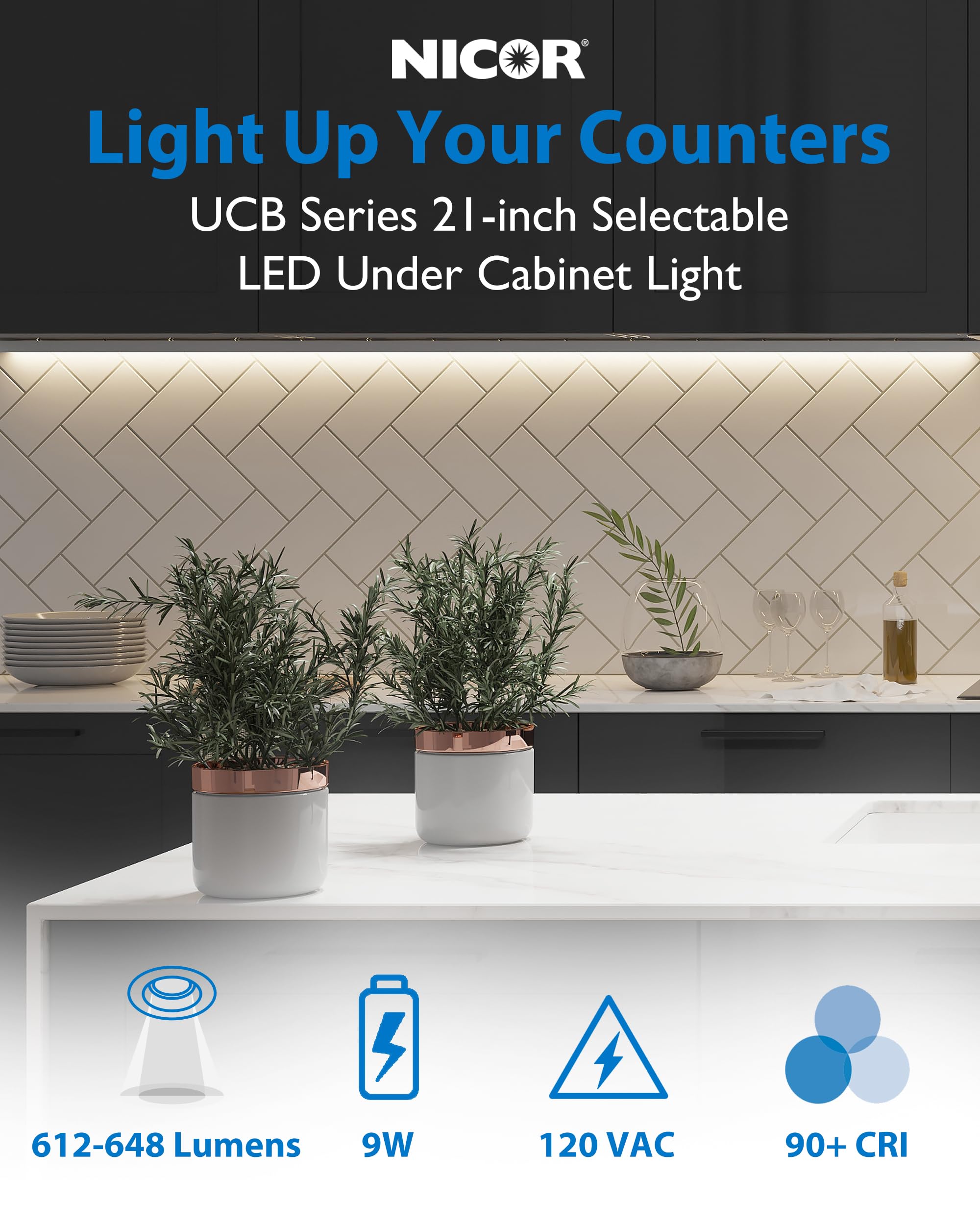 Nicor Lighting 21” Led Direct Wire Under Cabinet Light - Dimmable Undercounter Led Lights For Kitchen - Selectable Cct 2700K-5000K, 612-648 Lumens, 9W - Ucb Series Hardwired Under Cabinet Lighting