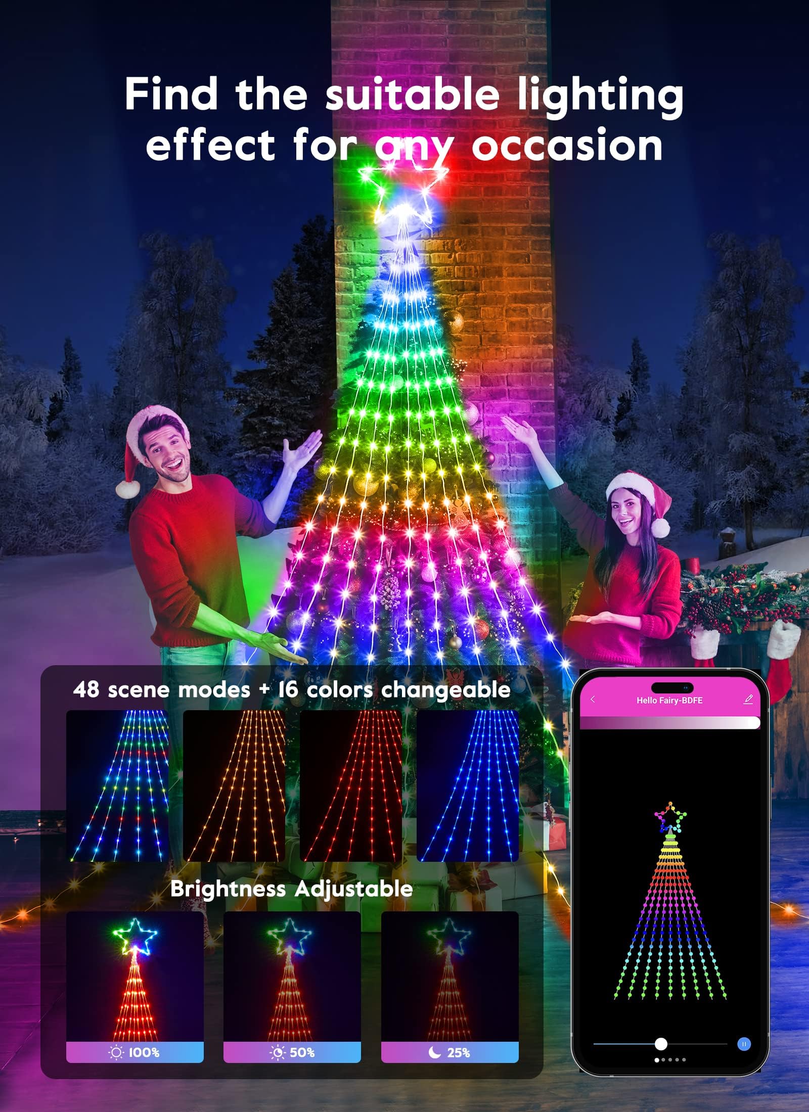 Outdoor Christmas Star String Lights, Smart Rgb Waterfall Tree String Light With App Remote Control, Diy Modes Dimmable Timer Mu