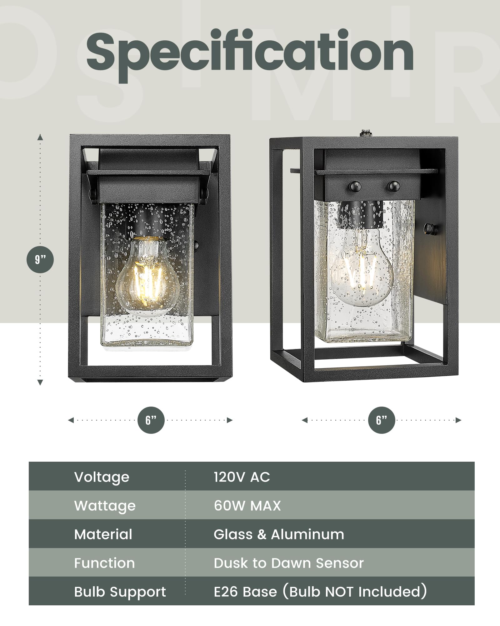 Osimir Porch Lights Outdoor, Dusk to Dawn, Aluminum, Black Finish, Model OS-3006, Seed Glass Design