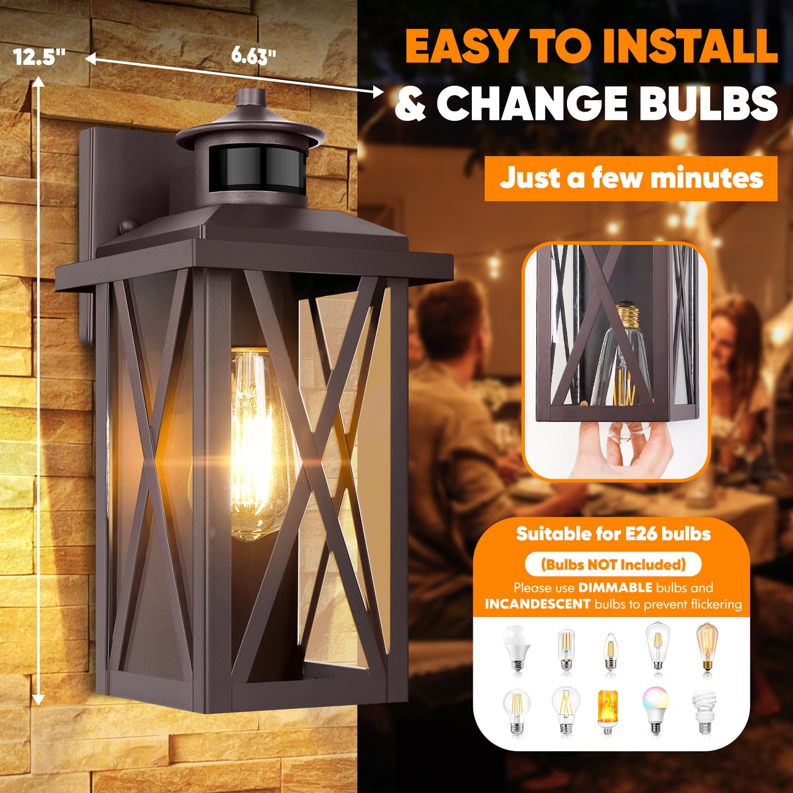 Dusk To Dawn Outdoor Wall Light Fixtures, Motion Sensor Outside Porch Lights, Anti-Rust Exterior Wall Sconces With E26 Base, Wat