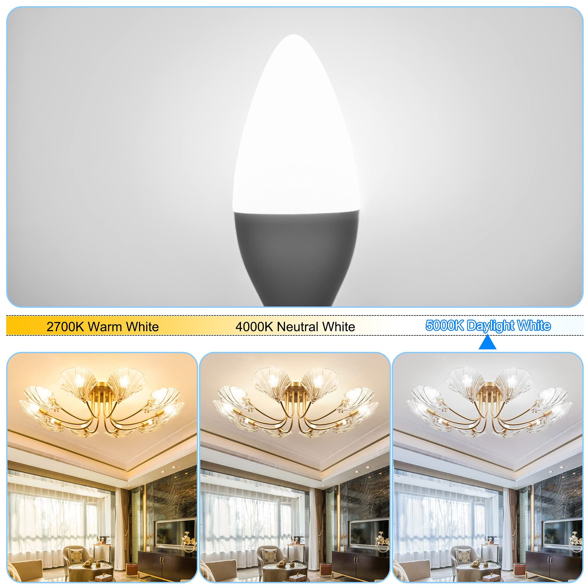 comzler 6W Candelabra LED Bulb, 60W Equivalent, Daylight 5000K, Pack of 6, Non-Dimmable, Small Base E12