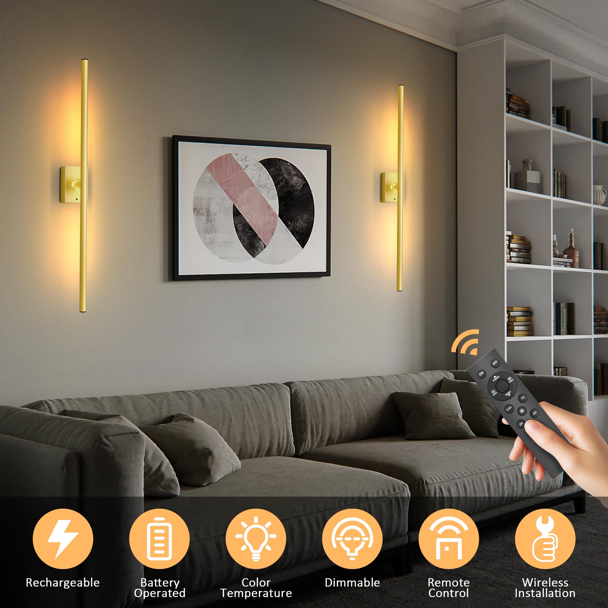 Yurnero Battery Operated Wall Sconces With Remote Control,Wall Sconces Wall Decor Set Of Two, 3000K-6000K Led Wireless Wall Ligh