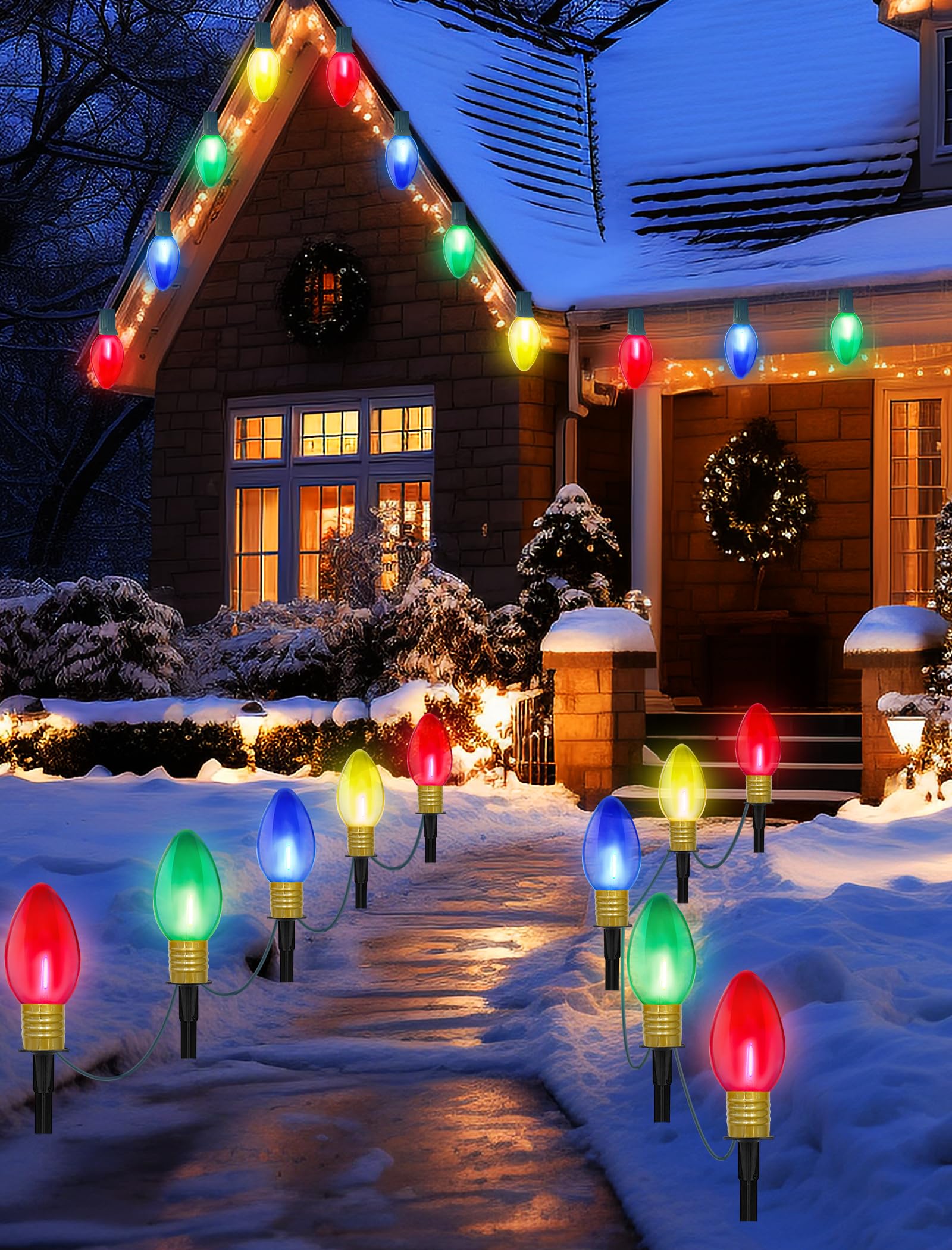 GOOTHY Jumbo C9 Christmas Pathway Lights, 14FT Outdoor Decorations, 2Pk with 8 LED Clear Multicolor Bulbs, Ideal for Lawn and Sidewalk