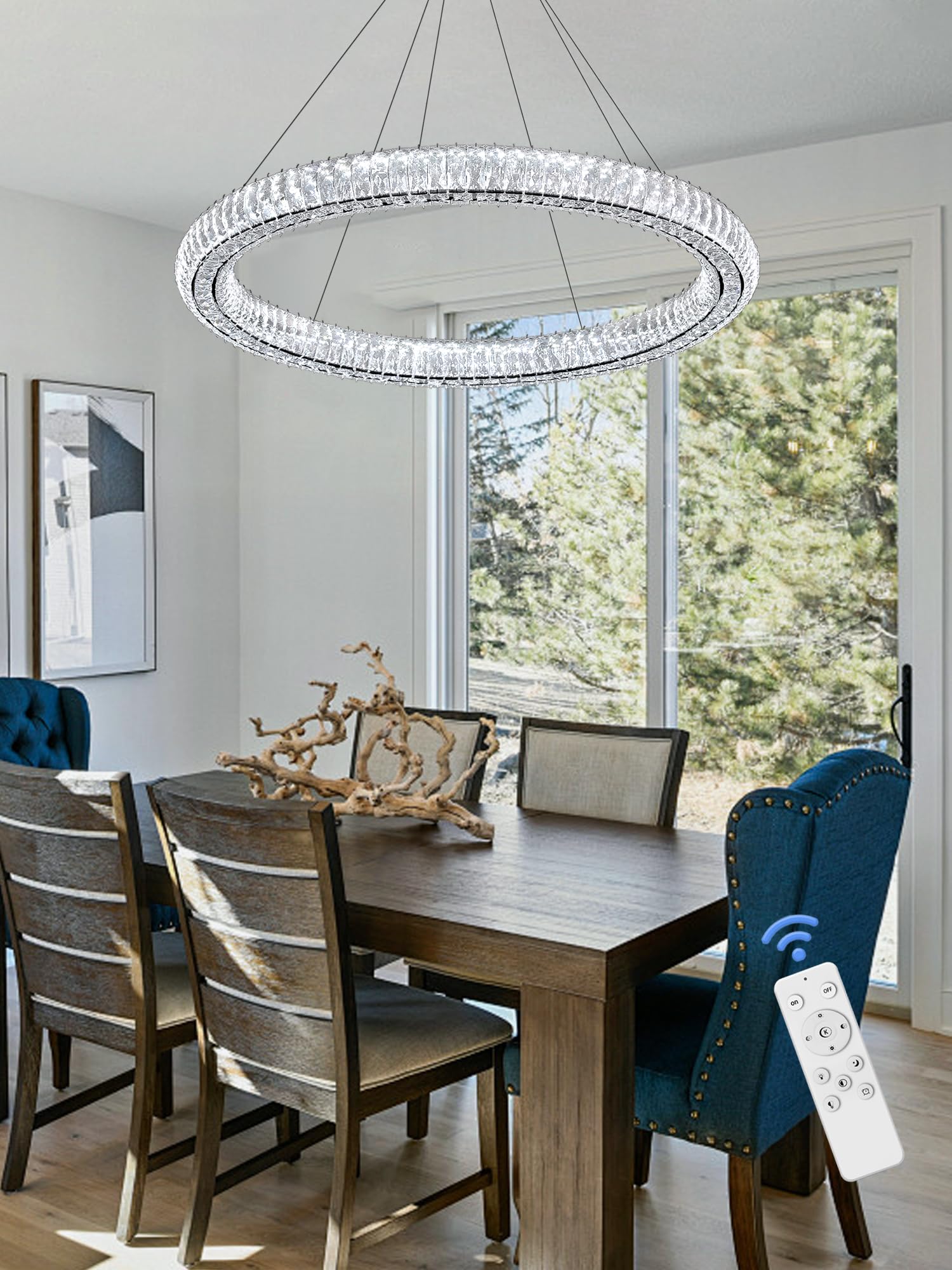 Idequy Modern Crystal Chandelier Dimmable Led 31.5'' Ring Pendant Light Adjustable Black Round Crystal Chandelier Light Fixtures