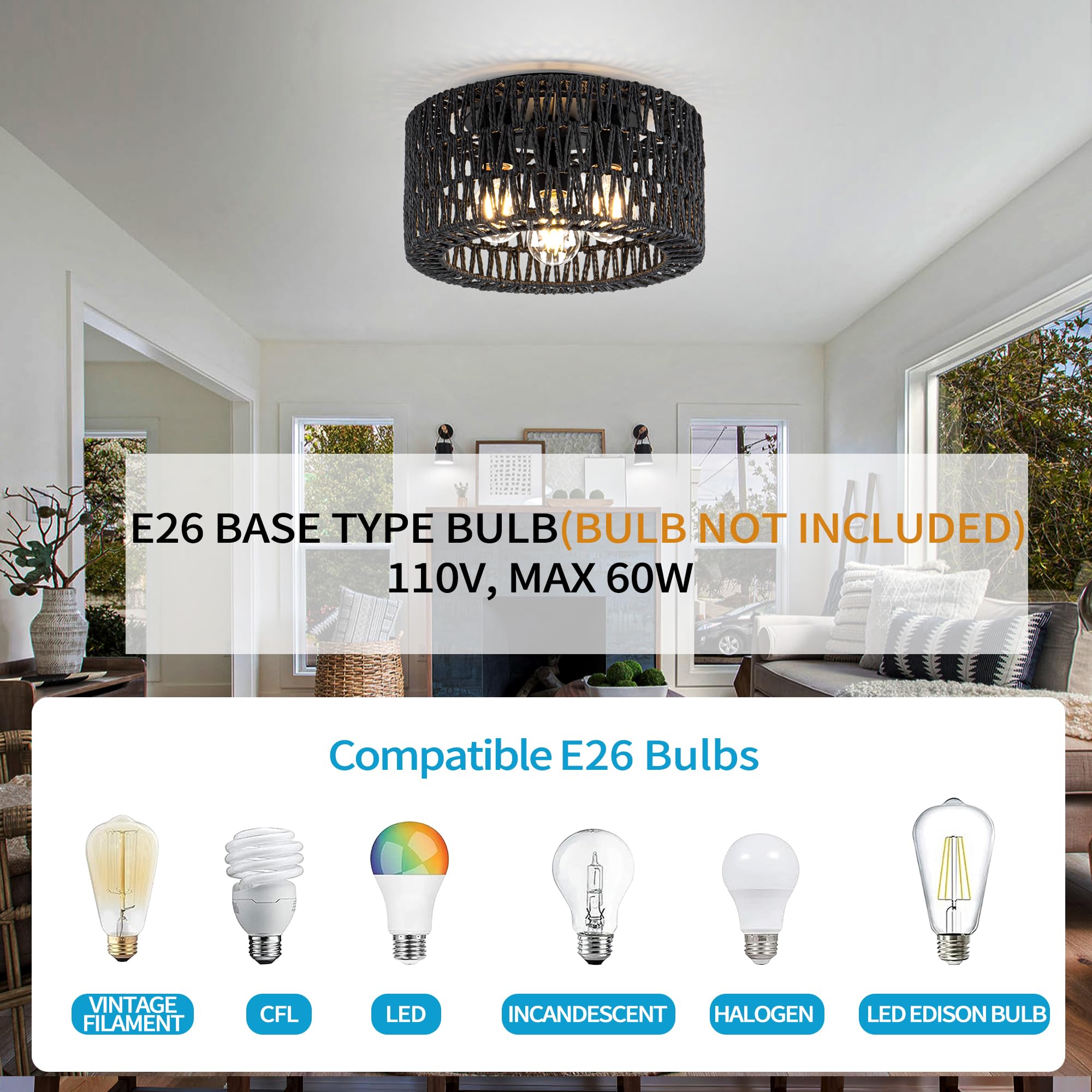 Rattan Ceiling Light Fixture, 3-Light Bohemian Modern Woven Ceiling Light, Black Boho Flush Mount Ceiling Light For Bedroom Livi