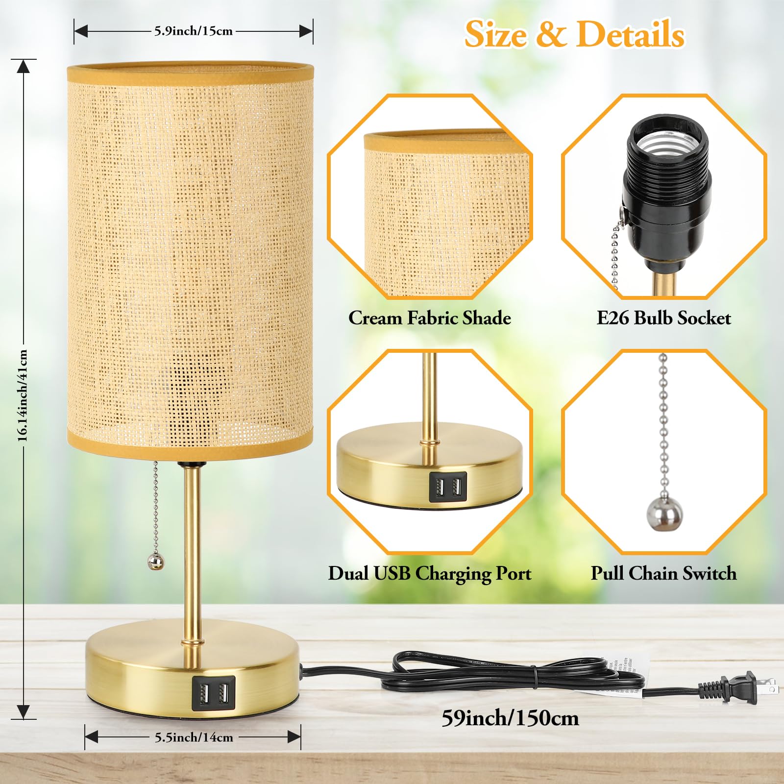 Set Of 2 Table Lamp With 2 Usb, Vintage Bedside Lamps For Bedrooms, Nightstand Lamps With Pull Chain, Bamboo Woven Desk Lamps Wi