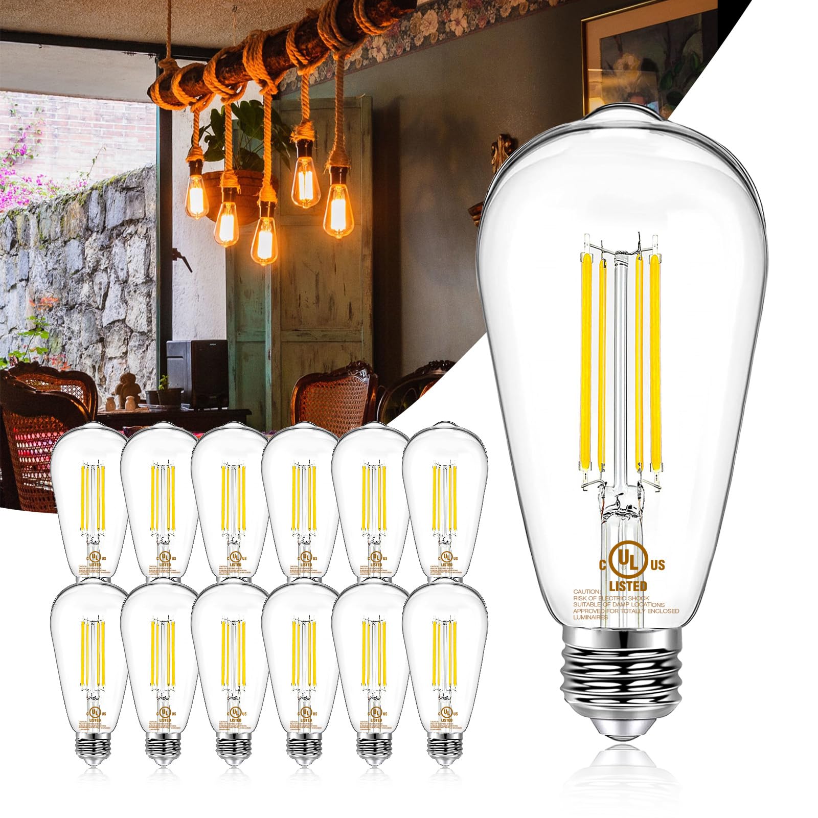 DAYGameTER 12 Pack Vintage LED Edison Bulbs  E26 Led Bulb 60W Equivalent  Dimmable Led Light Bulbs  High Brightness 800 LM Warm White 2700K  ST58 Antique Filament Bulbs  Clear Glass Style for Home