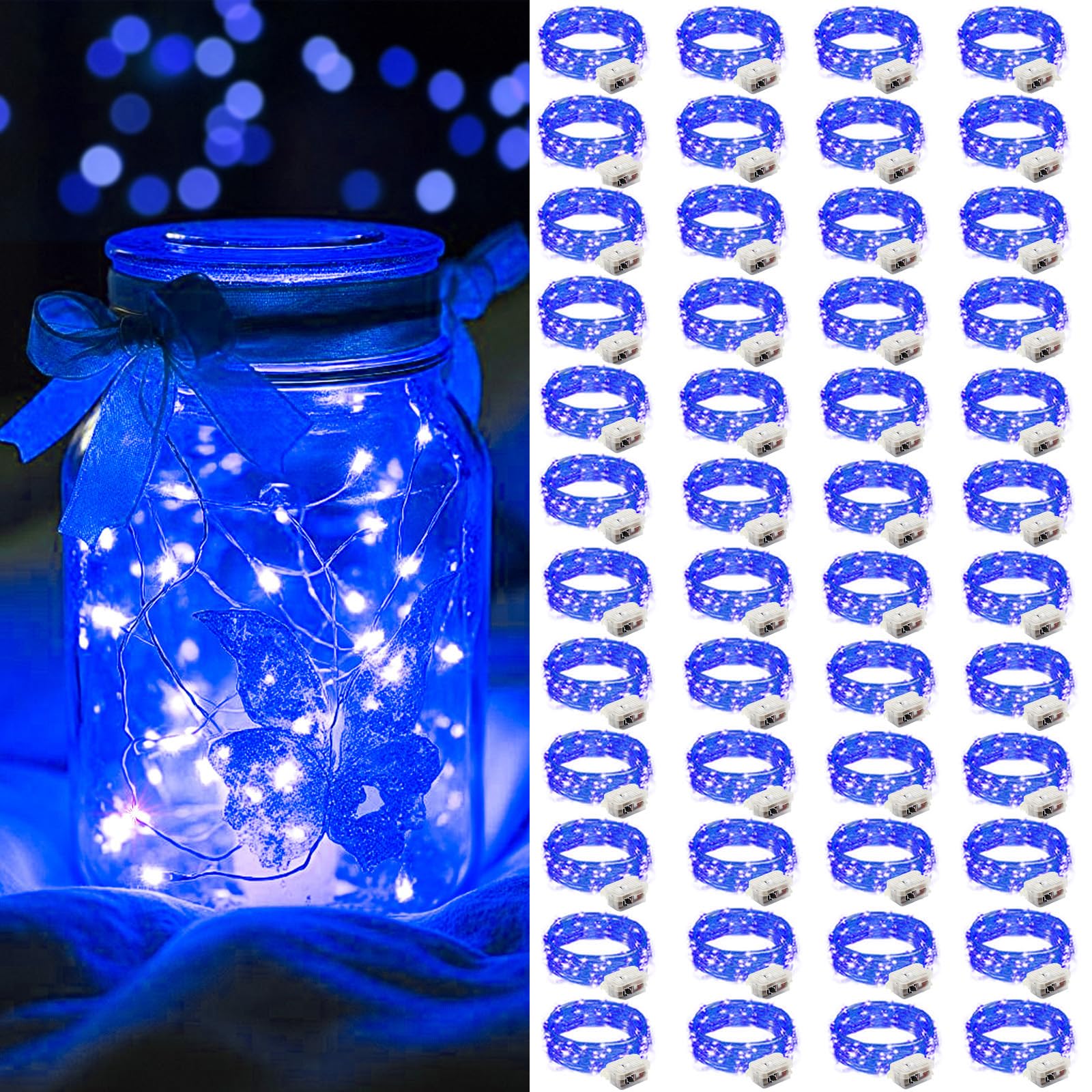 AIKEI 48 Pack LED Fairy Lights Battery Operated  Mini String Lights Waterproof 7 Feet 20 Led Firefly Starry Lamps for Wedding Party Bedroom Garden Halloween Christmas Decoration Blue