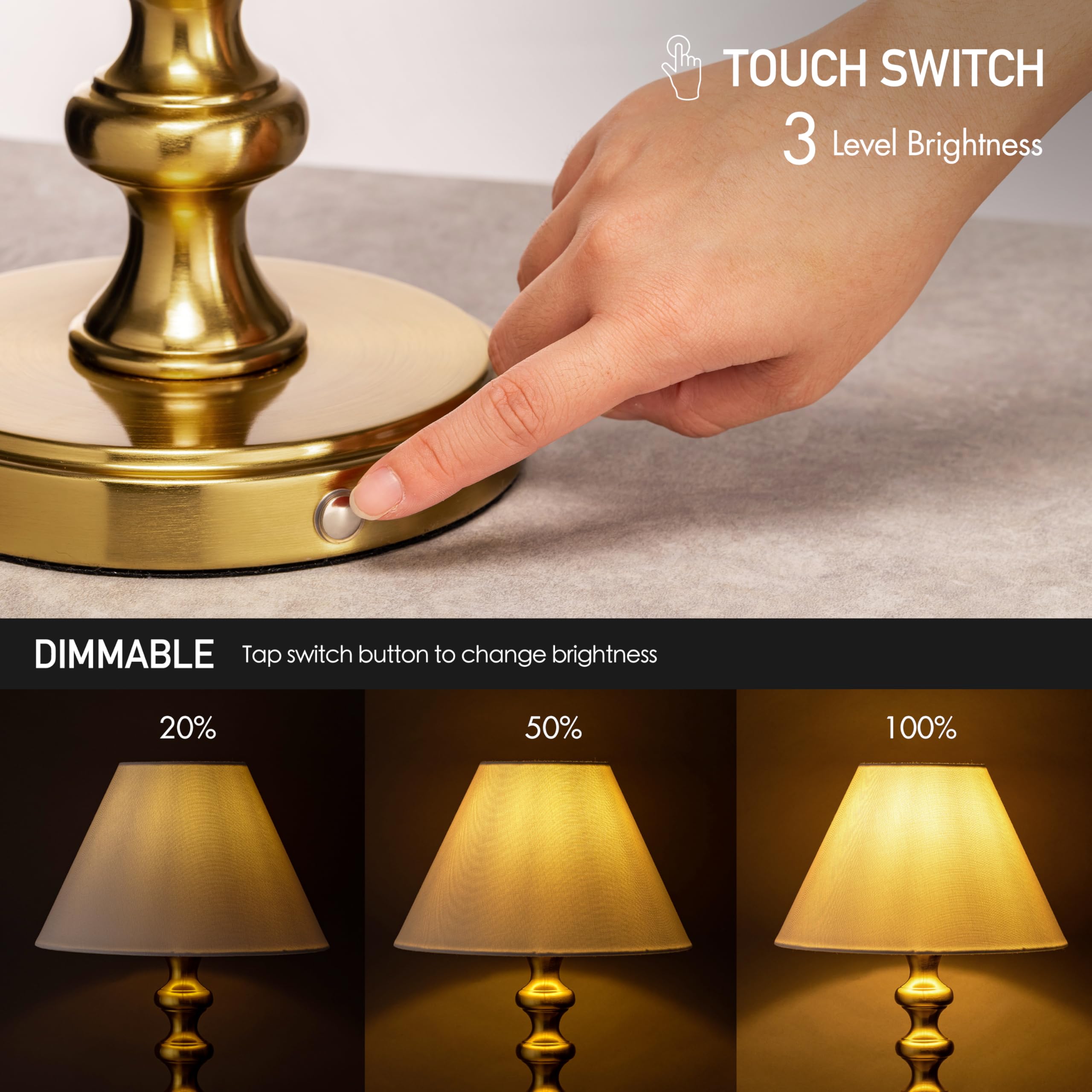 O'Bright Rechargeable Table Lamp - Antique Brass Baluster, Model OB-TL25B, Metal Construction