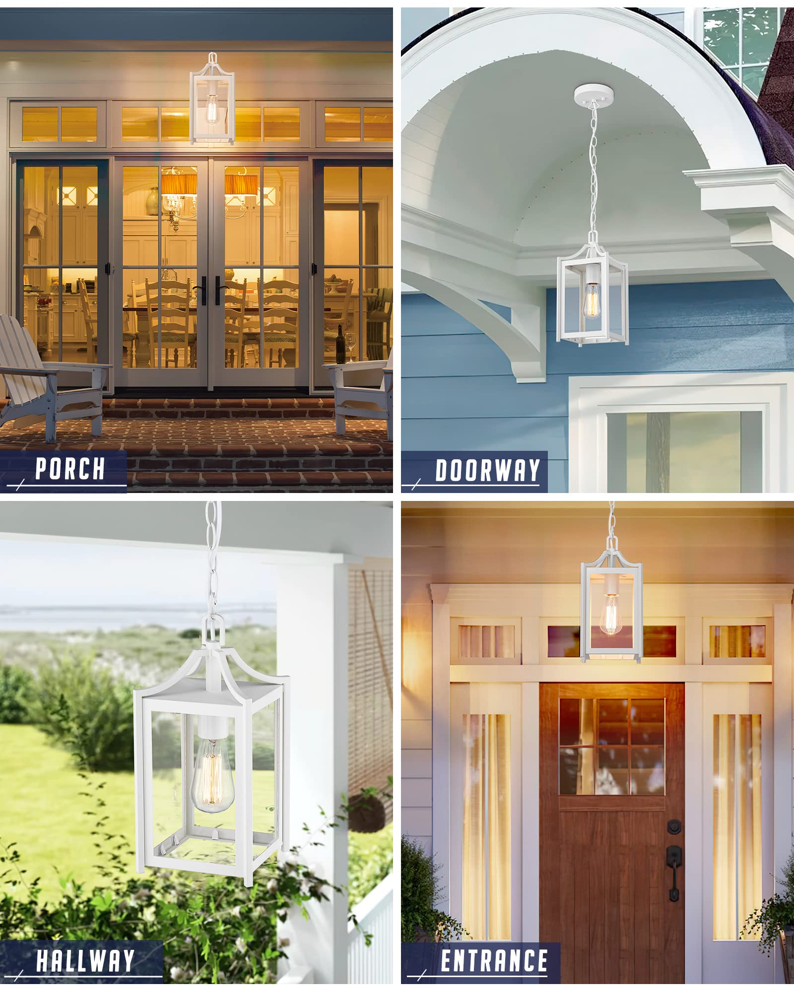 Osimir Outdoor Pendant Light, 14&quot; Modern Hanging Light, White Finish, Adjustable Chain, Clear Glass