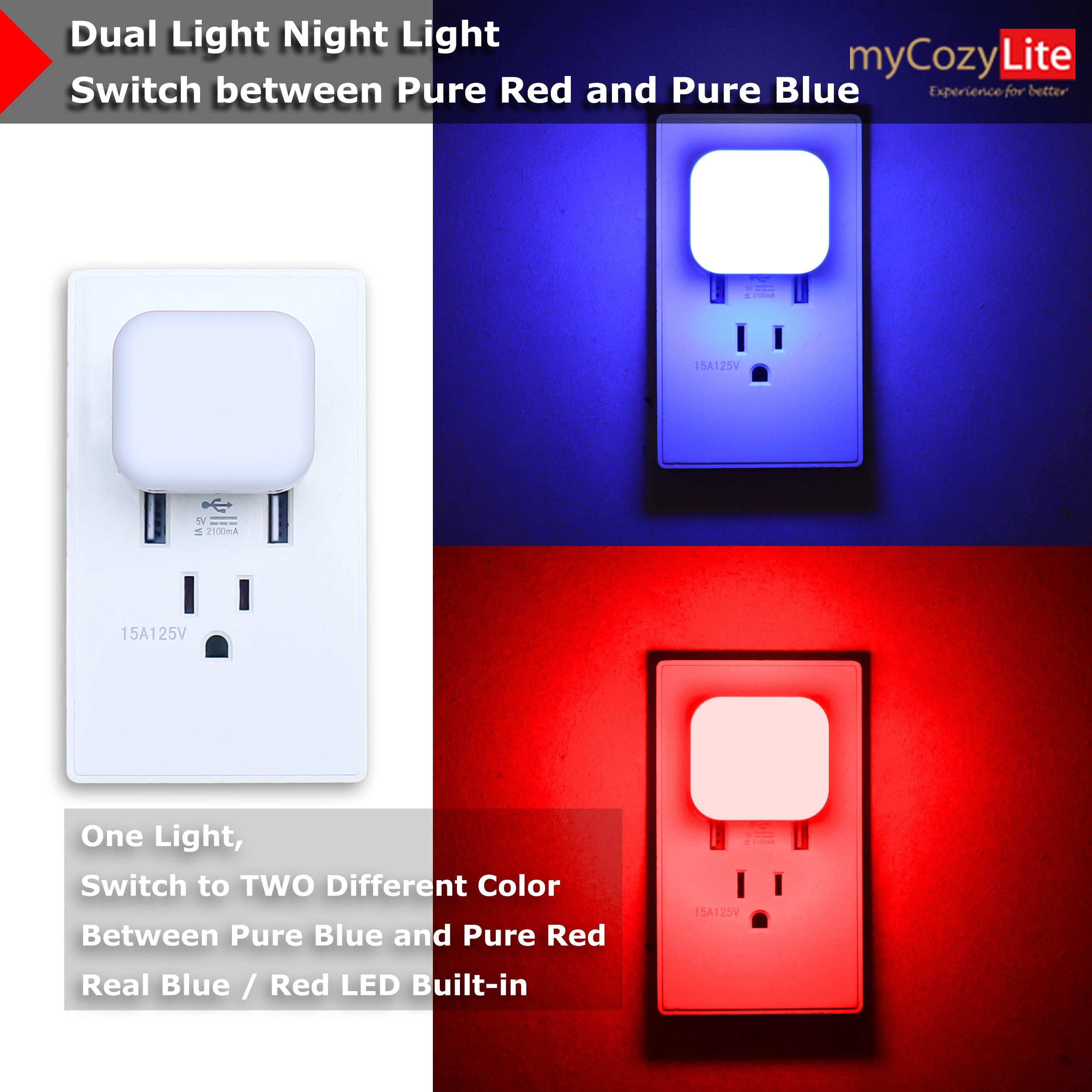 myCozyLite Dual Light Night Light Plug in, Dimmable with Dusk to Dawn Sensor, 4 Pack, Red and Blue, Model M1806