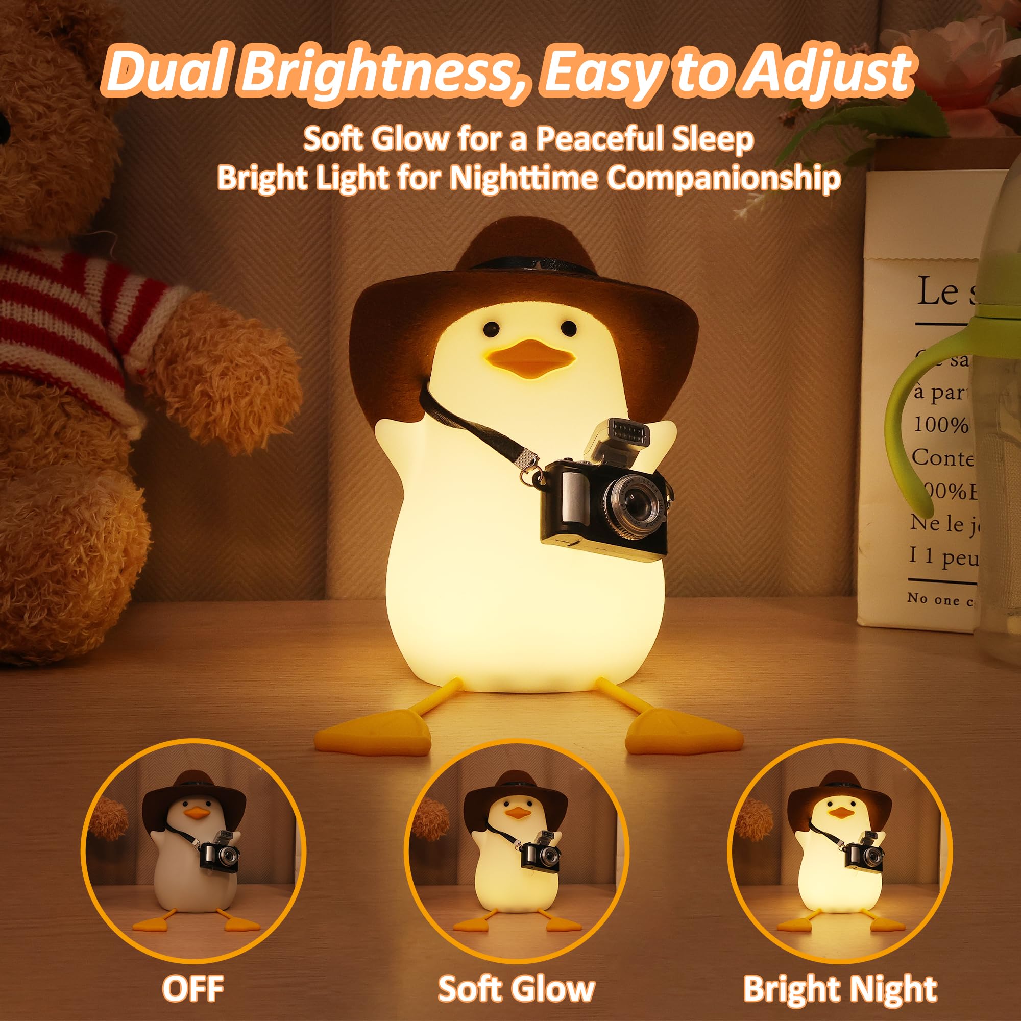Anywin Duck Night Light for Kids, Silicone Bedside Lamp, Dimmer & Rechargeable, Cowboy Duck, Model FS-S001-CB