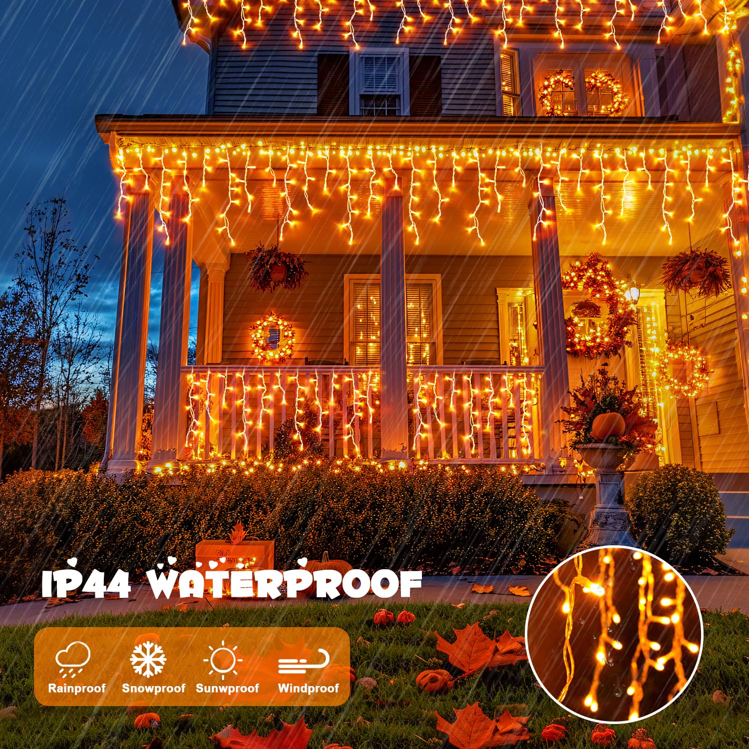 JMEXSUSS 800 LED Orange Icicle Lights - Waterproof, 8 Modes, Plug-in, Copper Material for Indoor/Outdoor Holiday Decor
