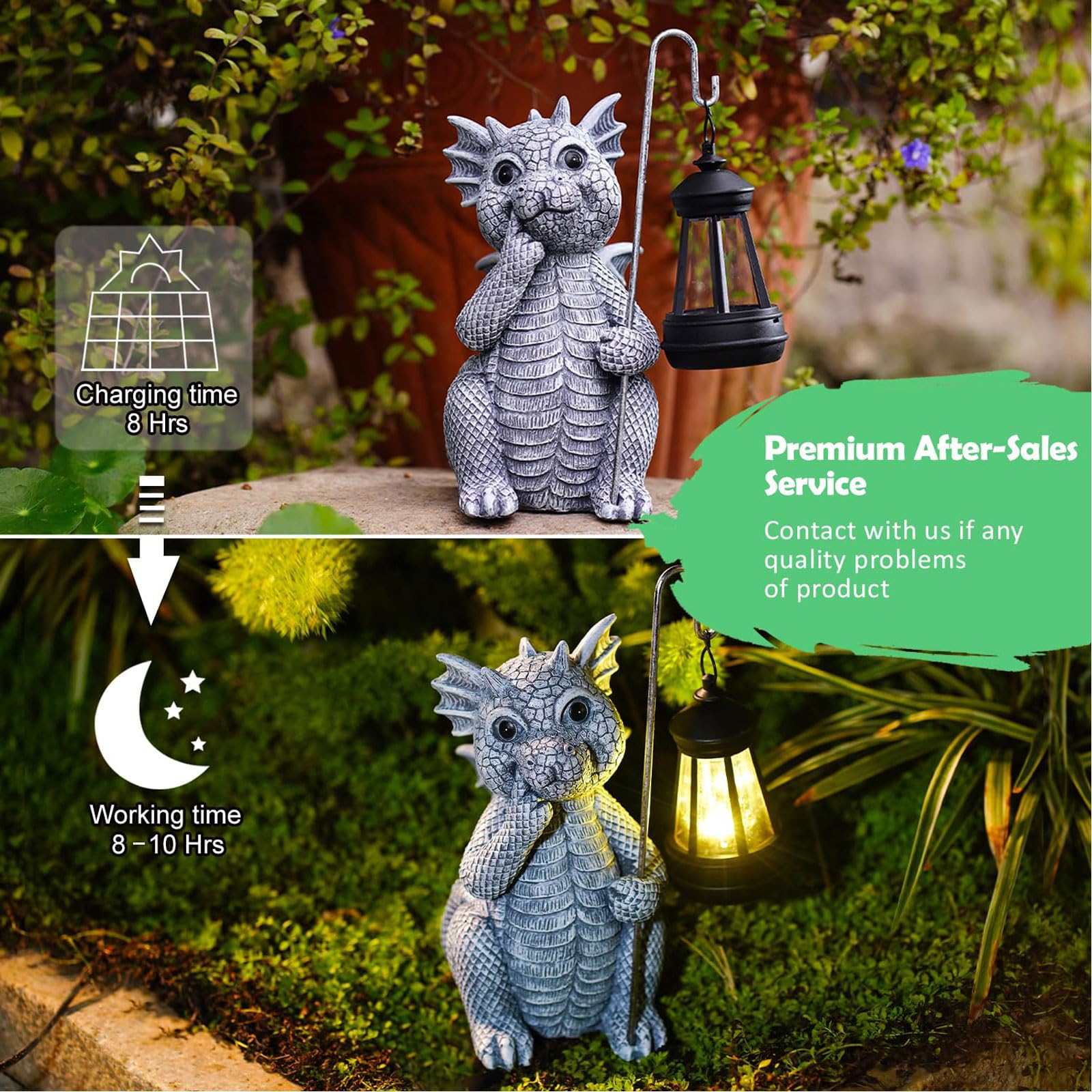 Qeeman Garden Decor Statue - Dragon with Solar Lantern, Gray Dragon - Outdoor Yard Art for Mom, Grandma, Wife, Sister, Lover
