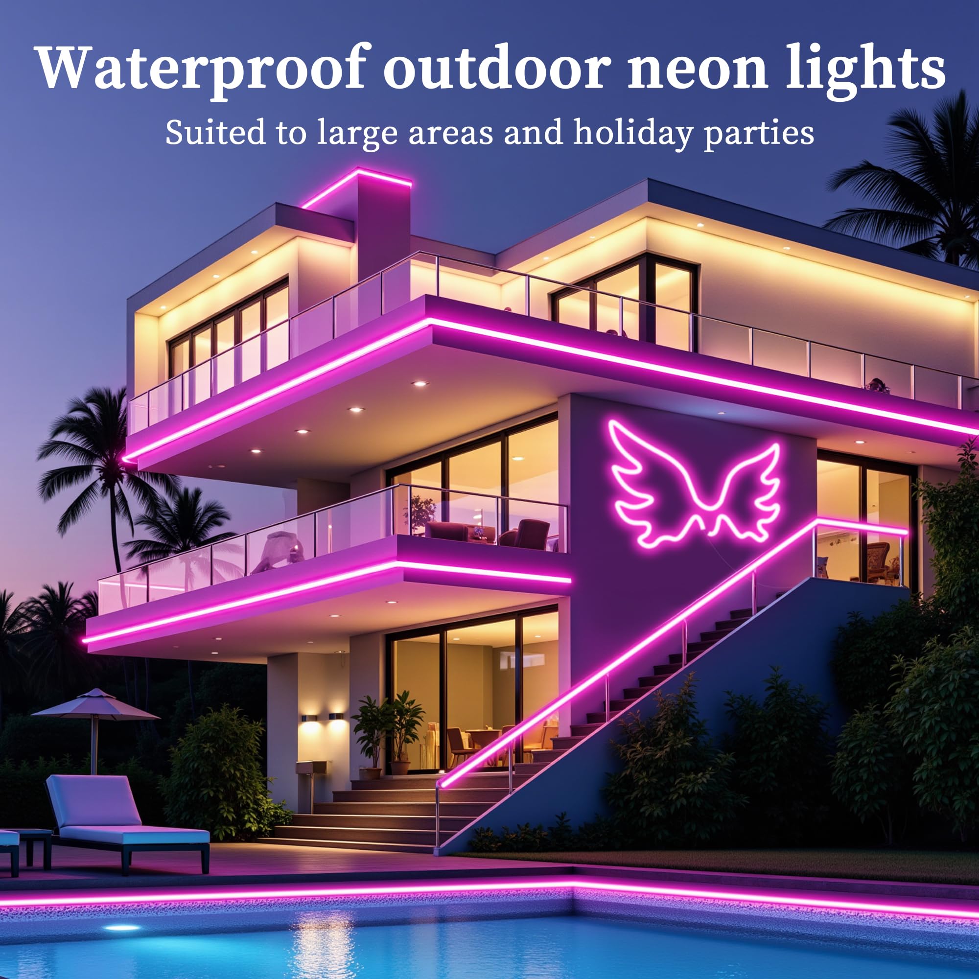 RIYO Neon Rope Lights, 50Ft RGB LED Strip, IP67 Waterproof, App & Remote Control, Music Sync, Multicolor