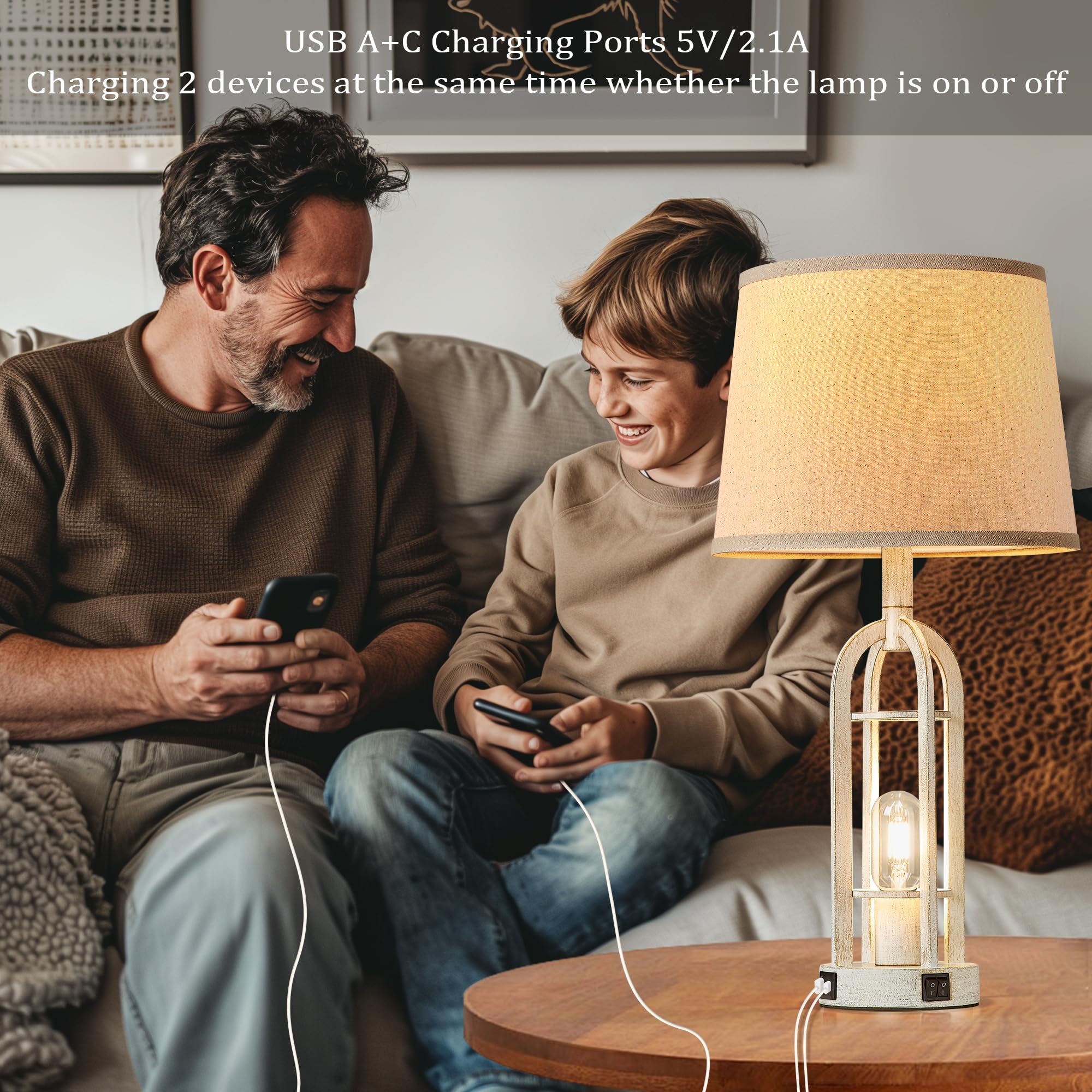 Srjja Table Lamps For Living Room Set Of 2 - Farmhouse Lamps For Night Stands With Usb A+C, Bedside Lamps For Bedroom, 24'' Vint