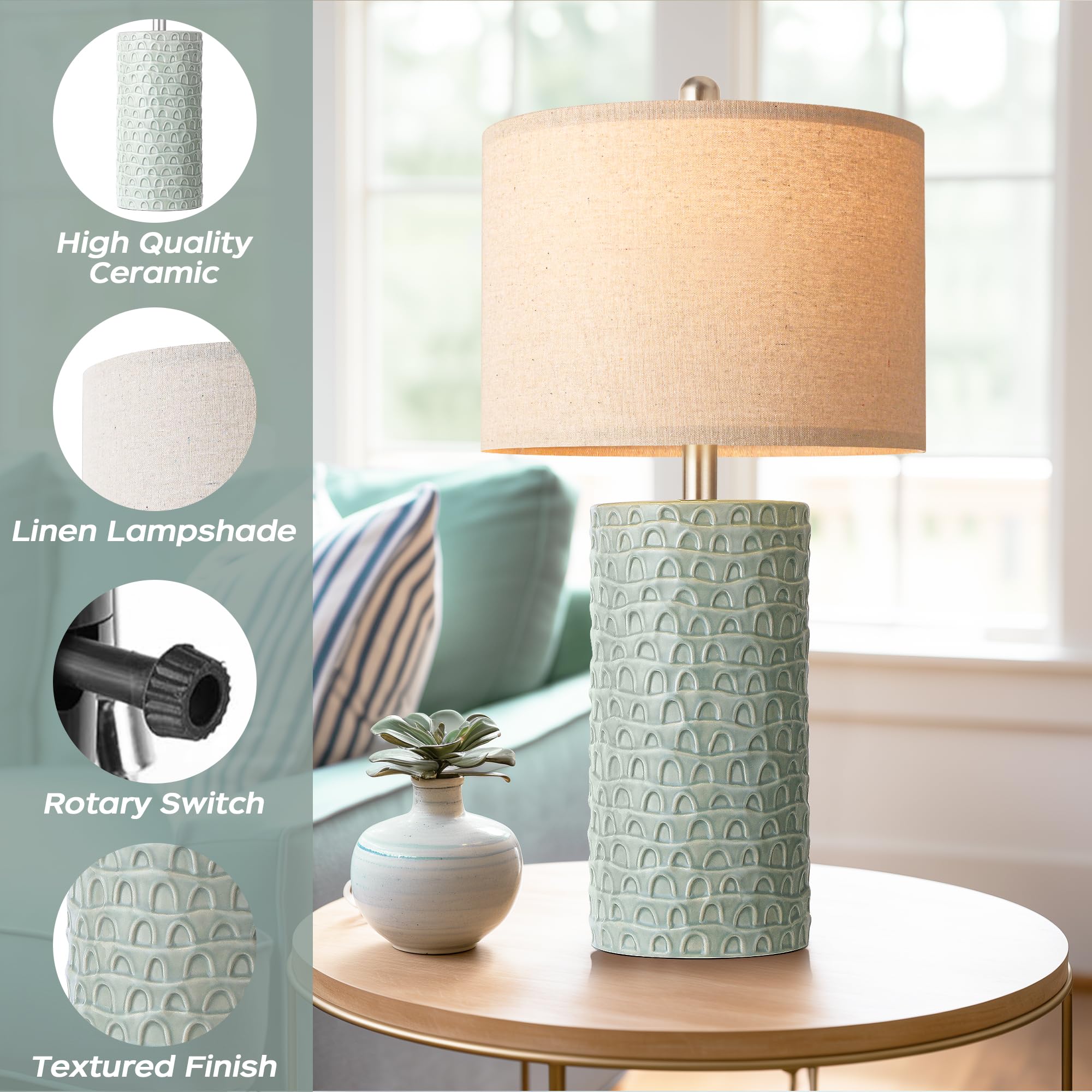 Partphoner 23'' Modern Ceramic Table Lamp Set Of 2, Table Lamps For Living Room, Rustic Farmhouse Bedside Lamps Nightstand Lamp